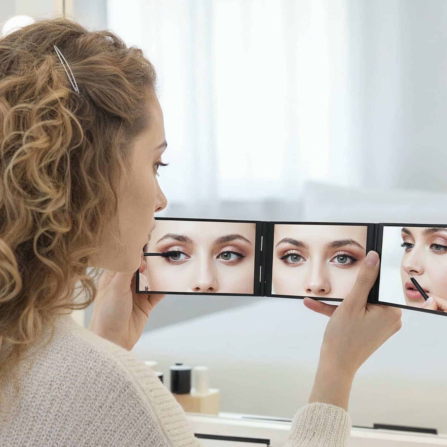 4 Way Mirror Foldable Makeup Mirror Portable 360 Degree Handheld Haircut Mirrors 4 Barber Desktop DIY Haircut Tool for Hair Cuting Styling Grooming Sided Self Haircuts for Home and Salon, 4.7 * 2.7 in