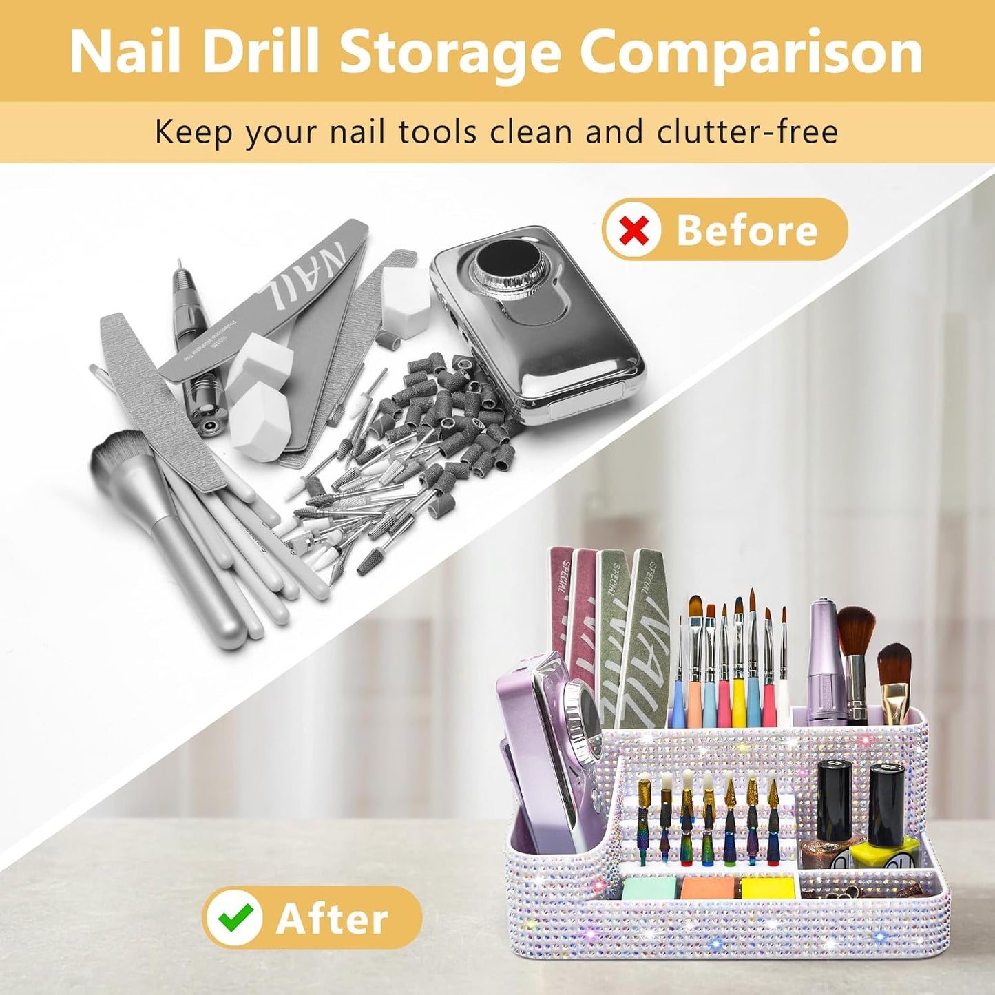 Nail Drill Holder - 28 Holes Bit Organizer for Nail Techs | Bling White Design