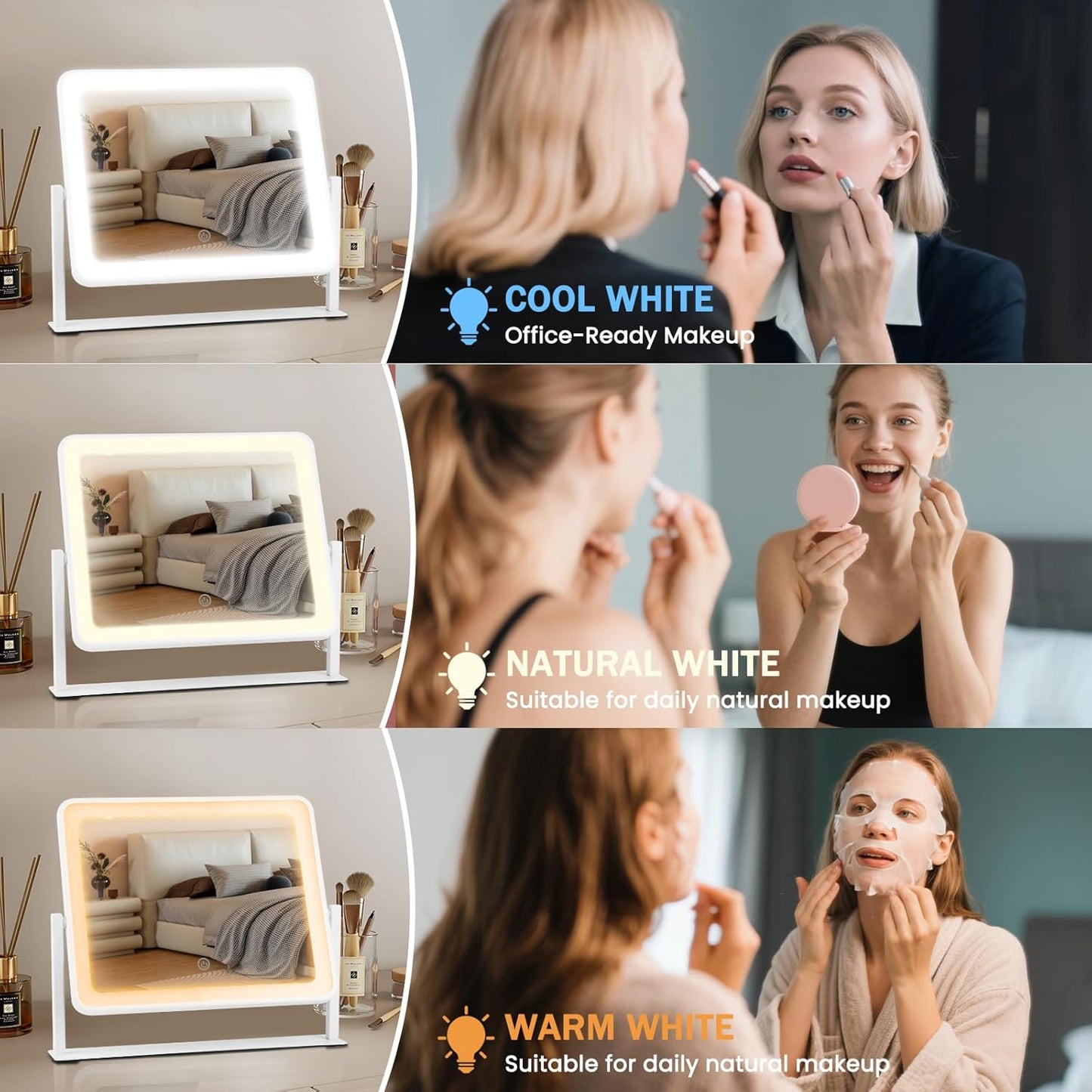 LED Makeup Mirror with Lights - 14"×12" HD Vanity Mirror | Smart Touch, 3-Color Lighting, Dimmable, 360° Rotation, White
