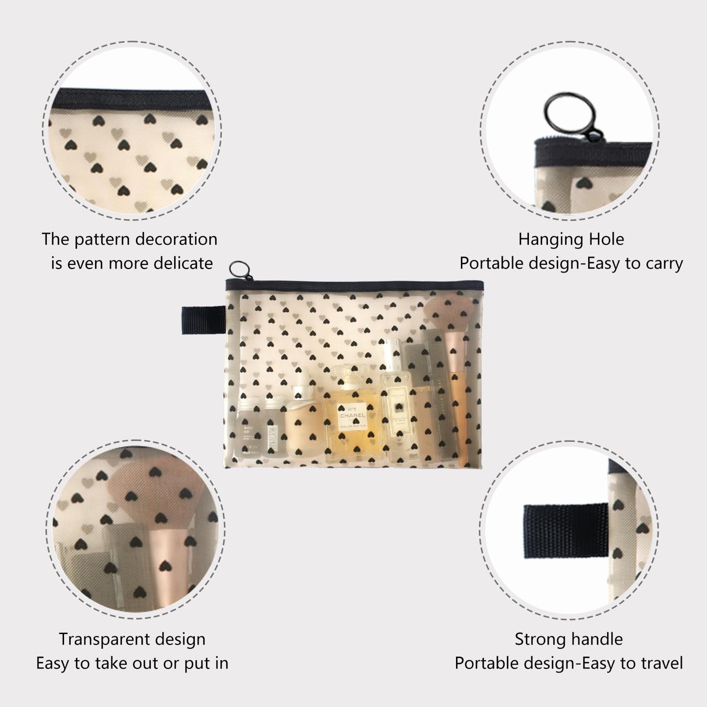 4-Piece Heart Printed Mesh Makeup Bag Set, Portable Travel Mesh Cosmetic Bags Toiletry Bags Makeup Purse Bags, Zipper Storage Pouches for Home Offices Travel Accessories (Beige)