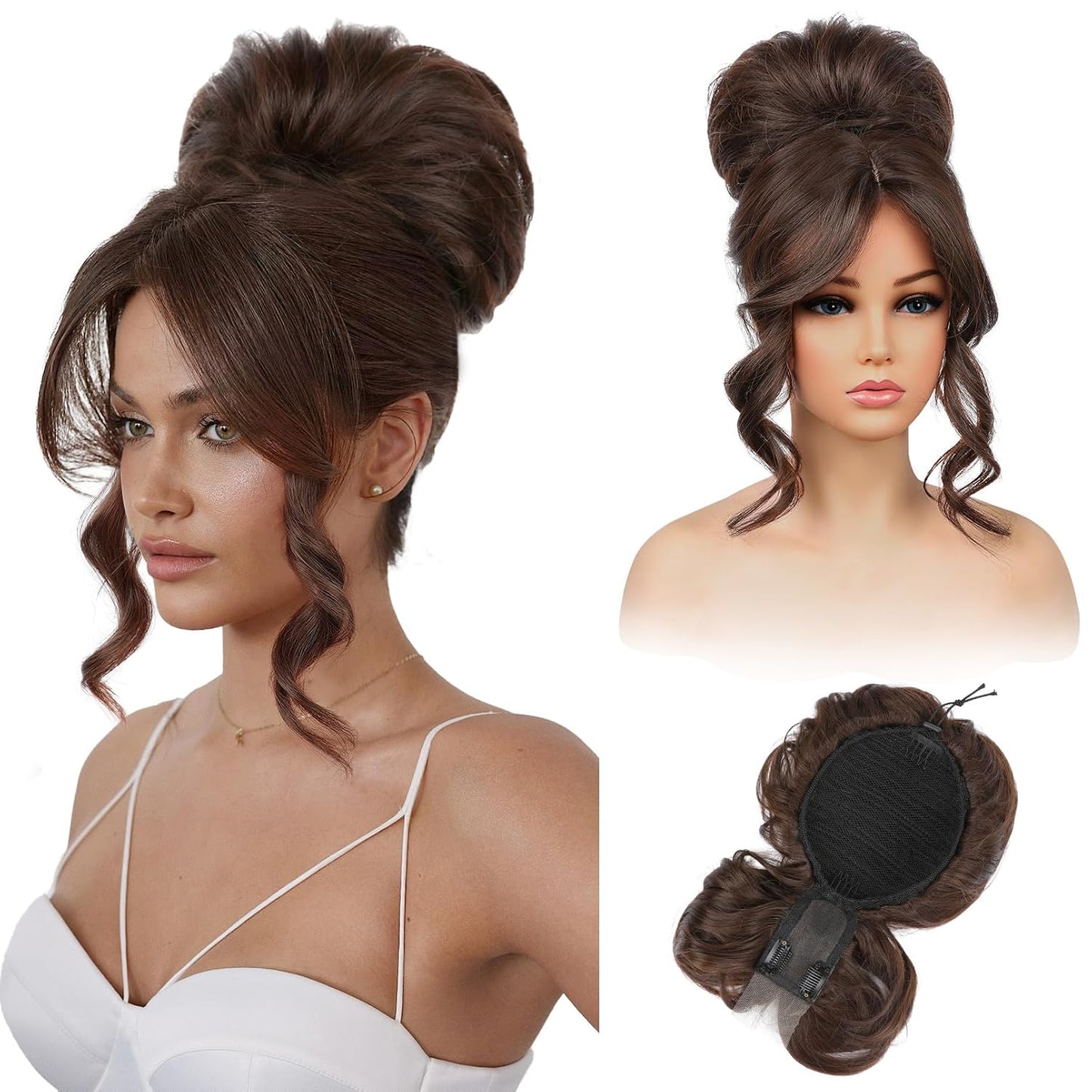 Messy Bun Hair Piece with Bangs - 2-in-1 Drawstring Ponytail Extension & Updo Wig | Natural-Looking Black Hair Topper
