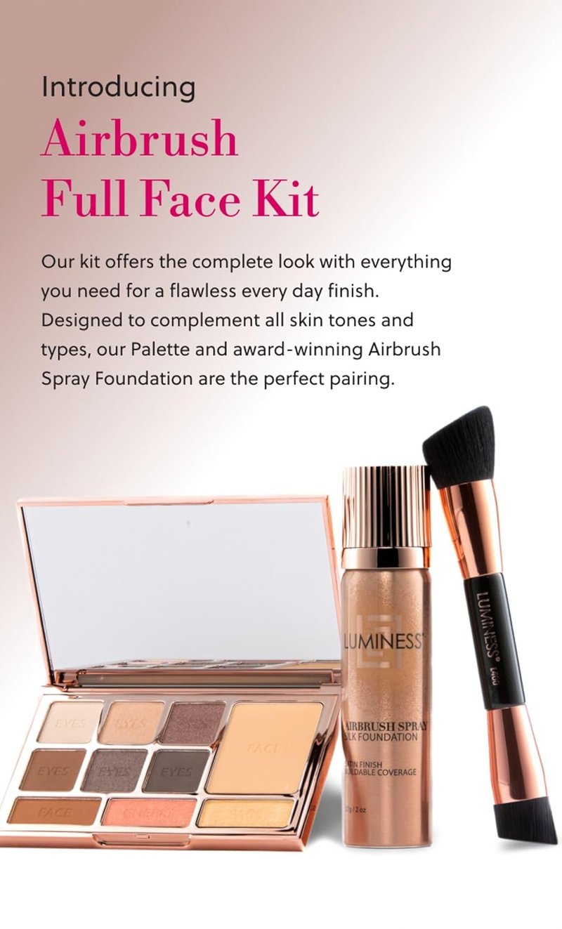 LUMINESS Face Time All-In-One Makeup Kit | Airbrush Foundation, Face Palette & Brush Set - Long-Wearing, Easy to Blend (02 - Fair)