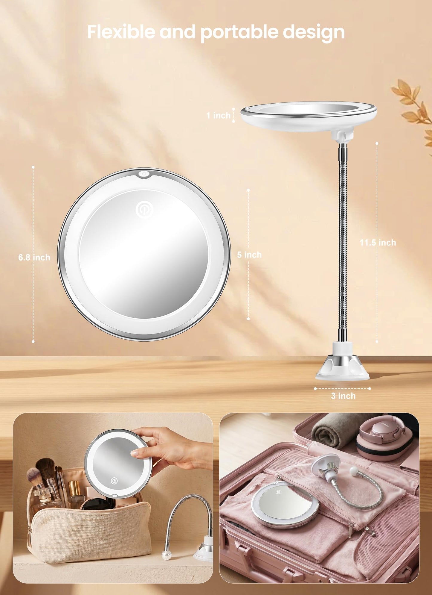 Brightown 10x Makeup Mirror with Lights and Magnification,Flexible Gooseneck Magnifying Mirror with 3 Lighting and Adjustable Brightness,Battery Operated with Suction Cup for Bathroom Bedroom, White