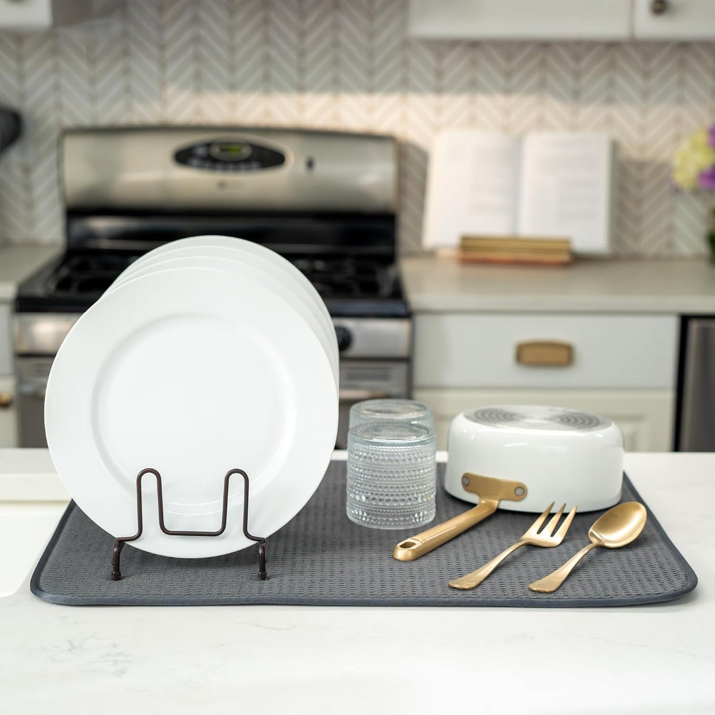 Dish Drying Mat XL - Absorbent Microfiber Kitchen Counter Pad | 18” x 24” | Charcoal