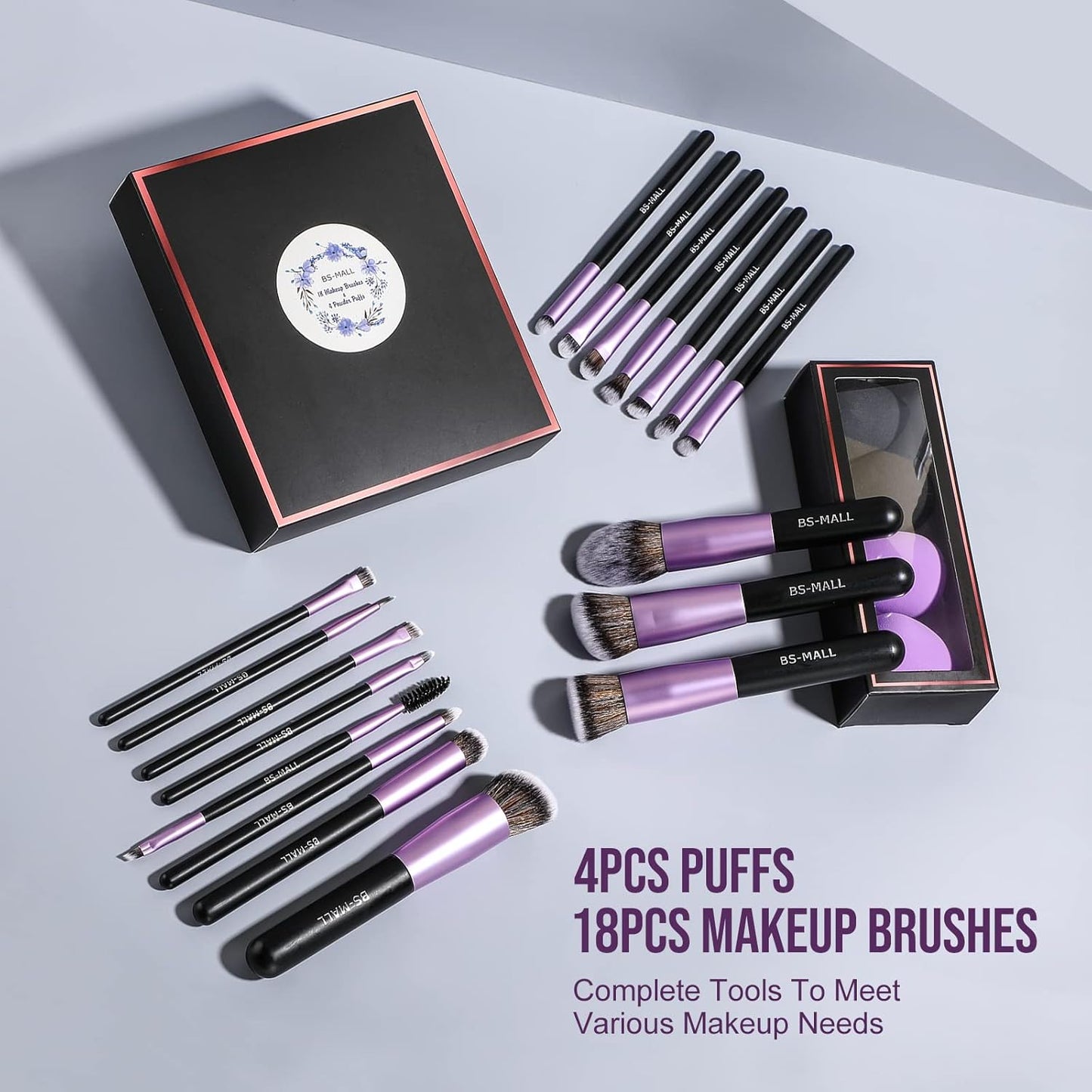 Premium Synthetic Makeup Brush Set - 18 Pcs Foundation, Powder, Concealer & Eyeshadow Brushes + 4 Pcs Makeup Sponges