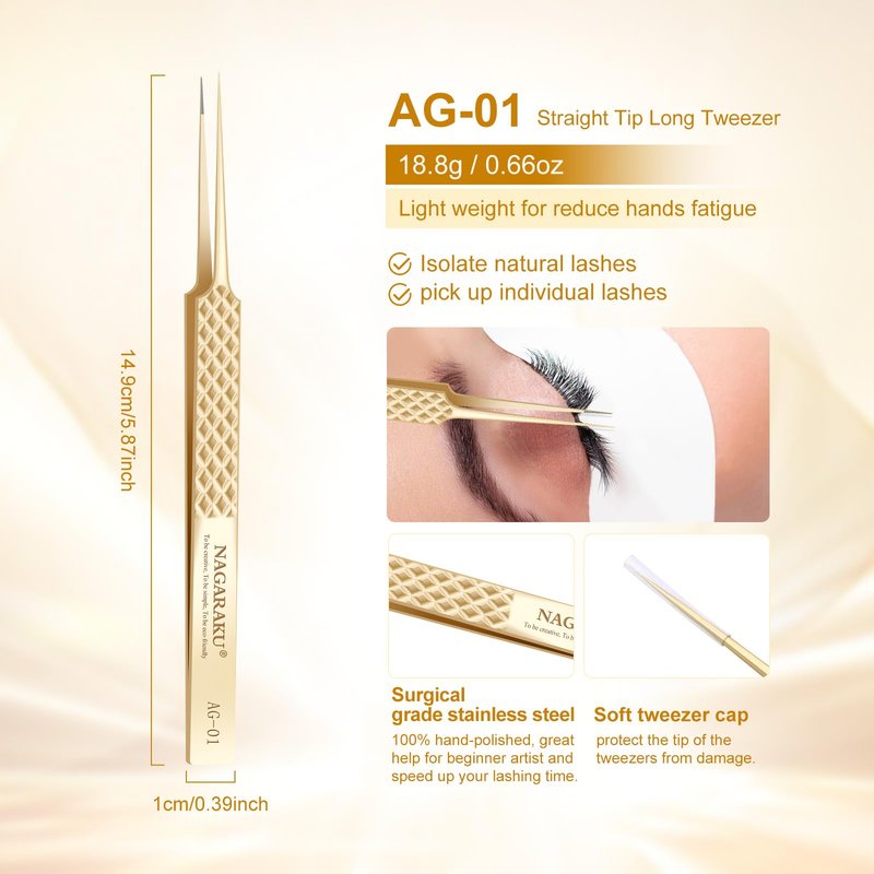 NAGARAKU Precision Fiber Tip Tweezer for Eyelash Extensions Diamond Handle 5cm Slim Tweezers Tip Anti-Static Anti-Slip Stainless Steel Pointed Separate Eyelashes Straight Tweezers with Box(AG-01)