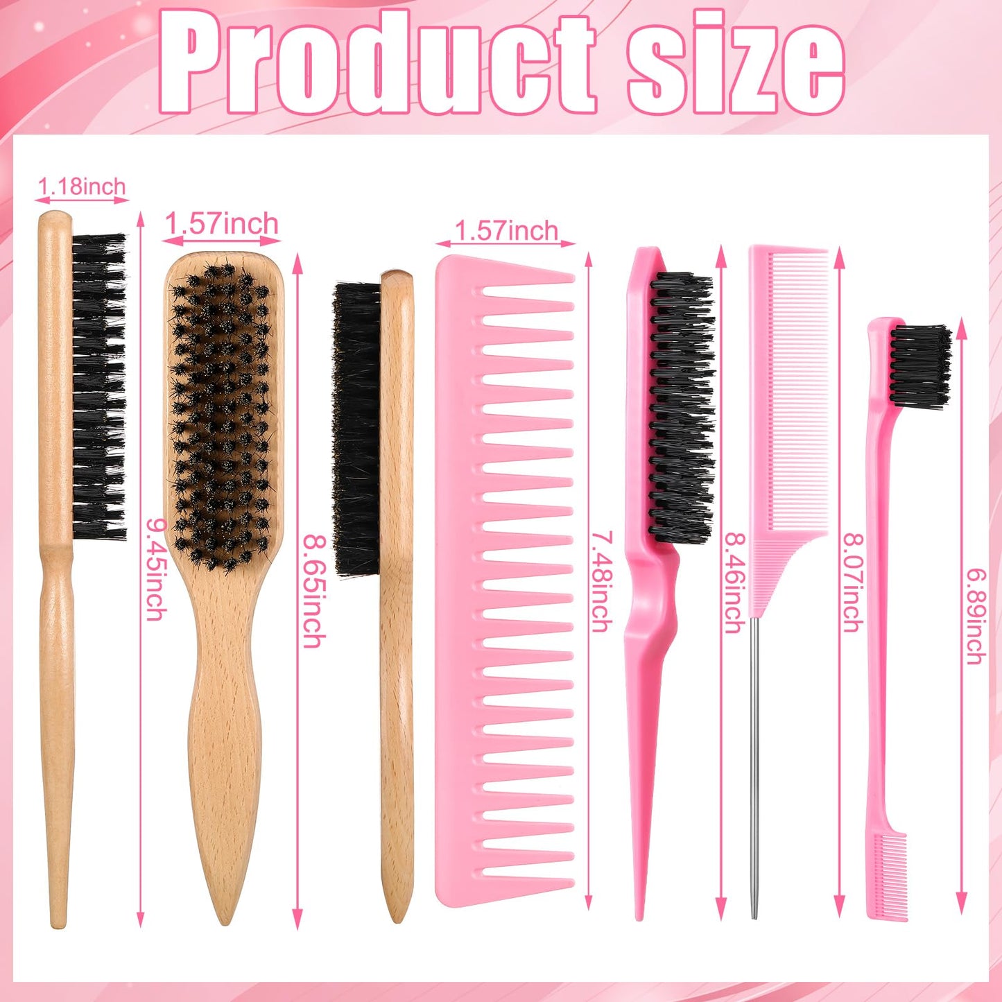 6 Pcs Boar Bristle Slick Back Hair Brush with Pink Edge Brush, Rat Tail Comb and Wide Tooth Comb for Women Men