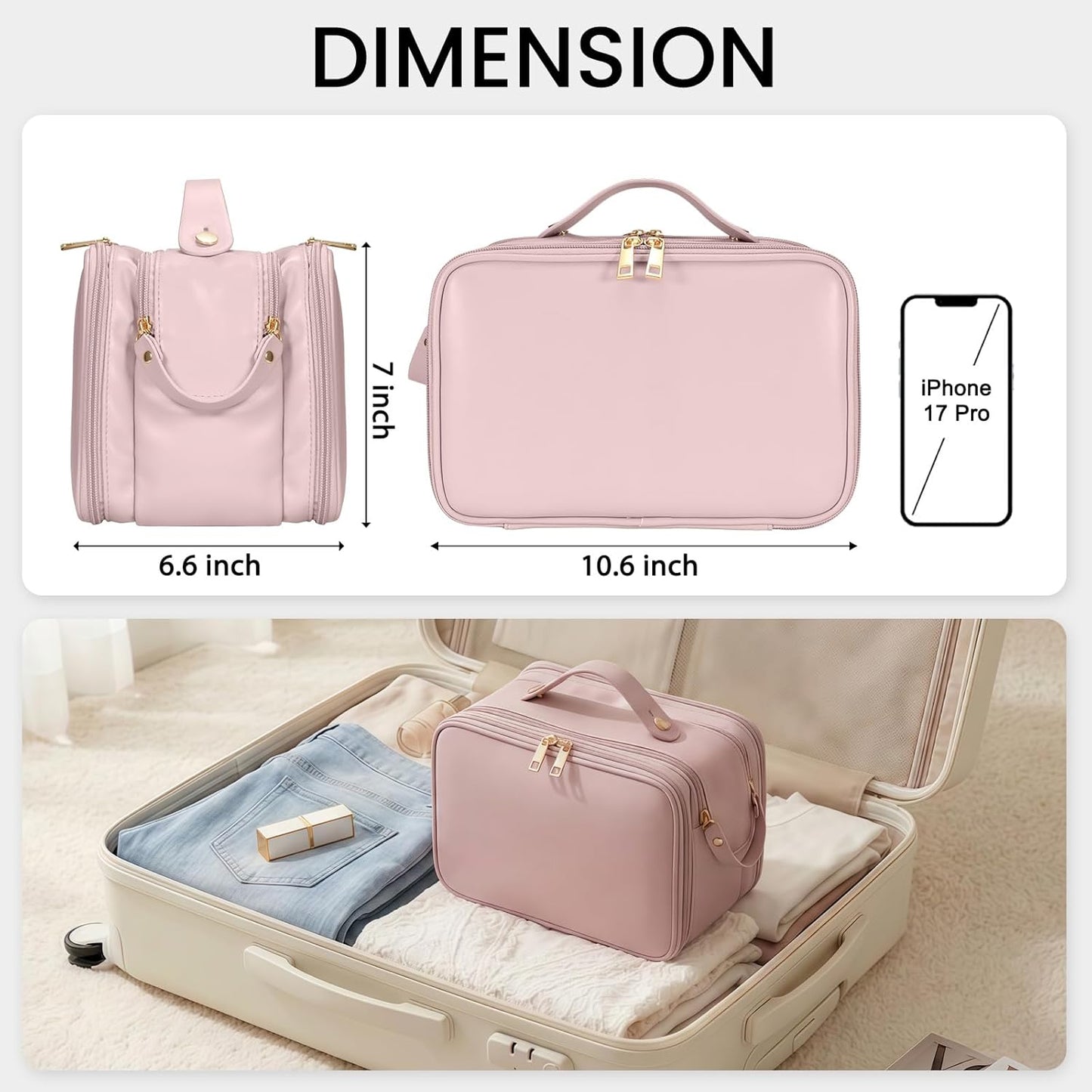 Travel Makeup Bag - Large Capacity Waterproof Organizer | Free-Standing Design, Easy Access - Pink