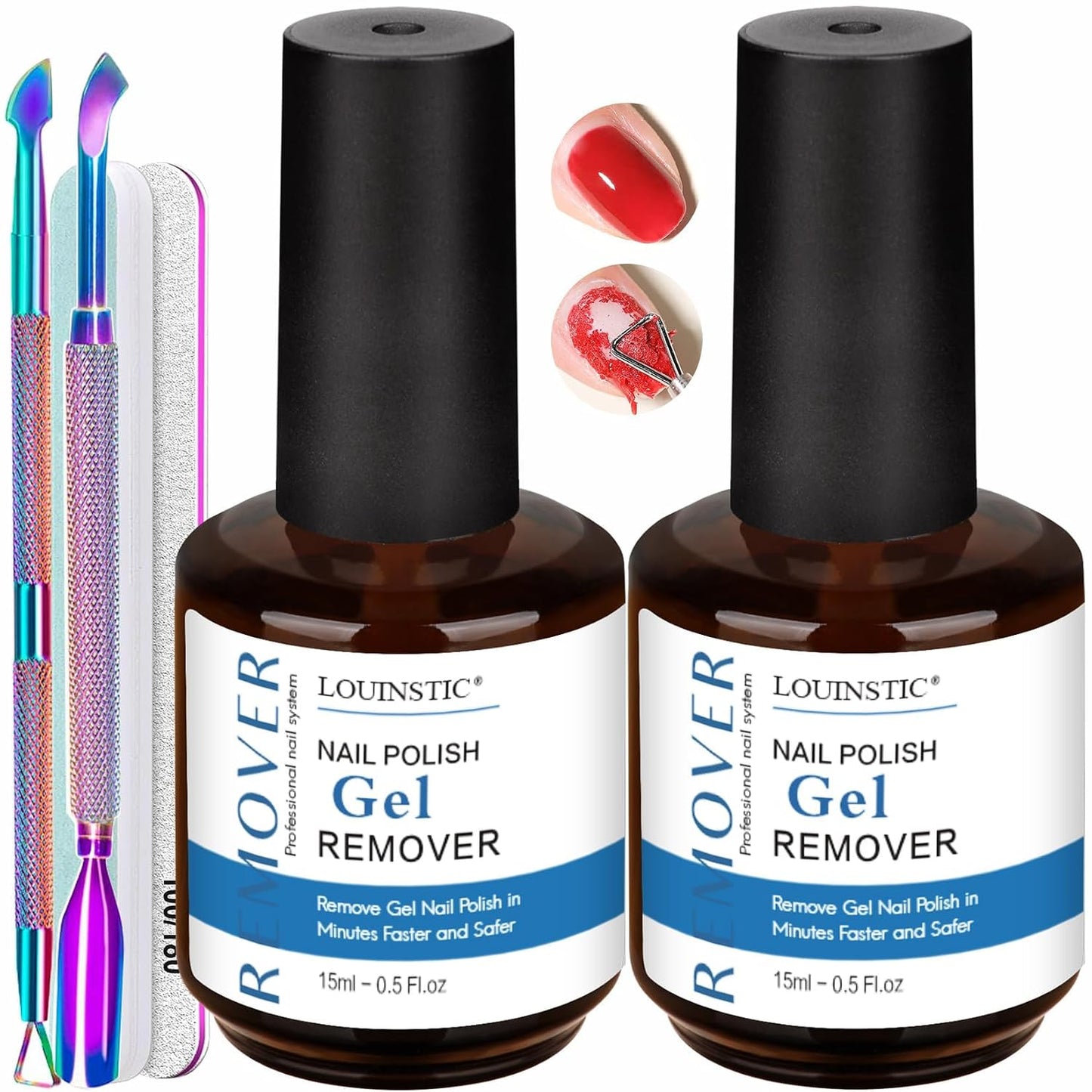 Gel Nail Polish Remover Kit - Fast, Gentle & Non-Damaging Formula | Includes Nail Files for At-Home Manicure (1PC/15ML)