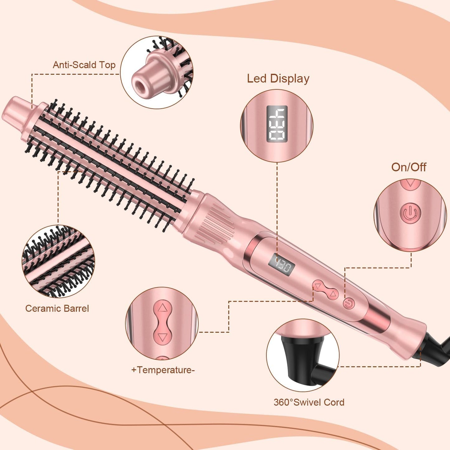 Heated Round Brush - 1 Inch Ceramic Tourmaline Curling Brush | Volumizing Ionic Hair Styler Tool (Pink)
