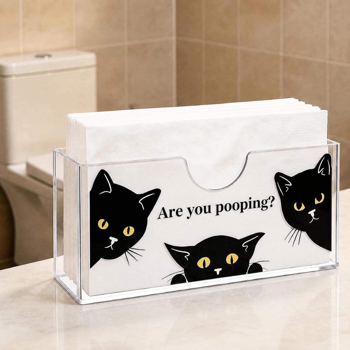 Funny Cat Acrylic Napkin Holder - Clear Vertical Dispenser for Bathroom Decor | Cute Gag Gift for Cat Lovers