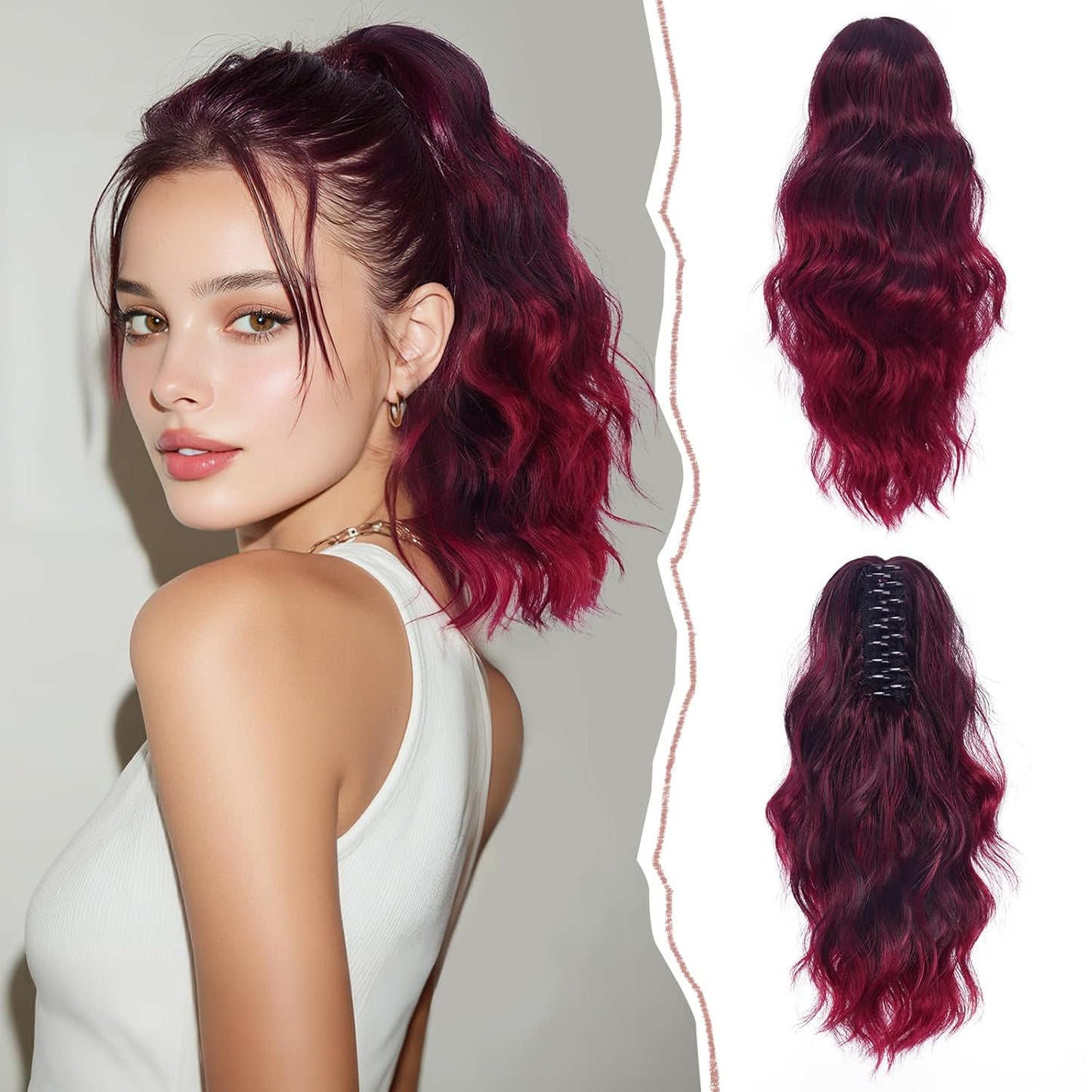 Ponytail Extension - Short Wavy Claw Clip-In Synthetic Hairpiece | Black Layered Curly Drawstring for Women