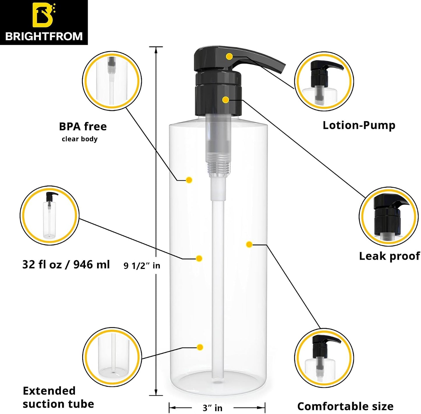 Empty Shampoo Pump Bottle - 32 Oz BPA-Free Cylinder Container for Household & Commercial Use | Leak-Proof Black Pump
