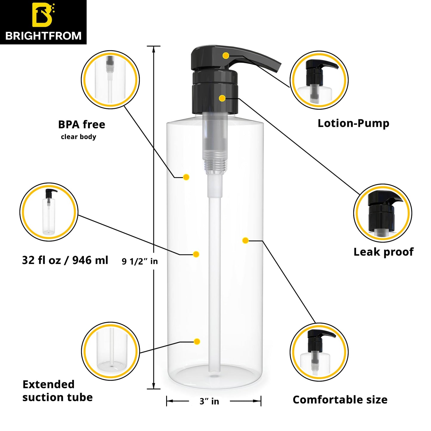 BRIGHTFROM Empty Shampoo Pump Bottle, 32 OZ / 1 Liter, BPA-Free Cylinder Containers, Household & Commercial Use, Black Pump - Leak Proof
