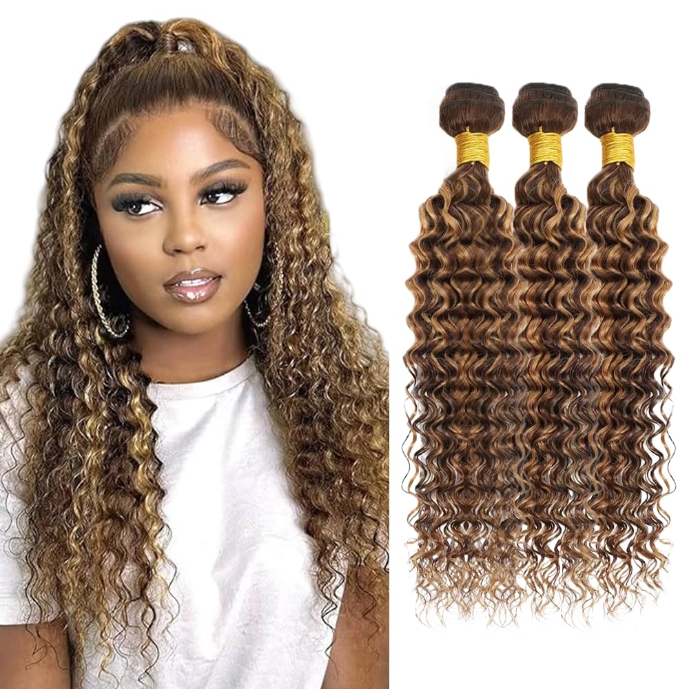 26 28 30 inch WuvuSnm P427 Human Hair Bundles Highlight Deep Wave Bundles Dark Brown Human Hair Bundle 150g