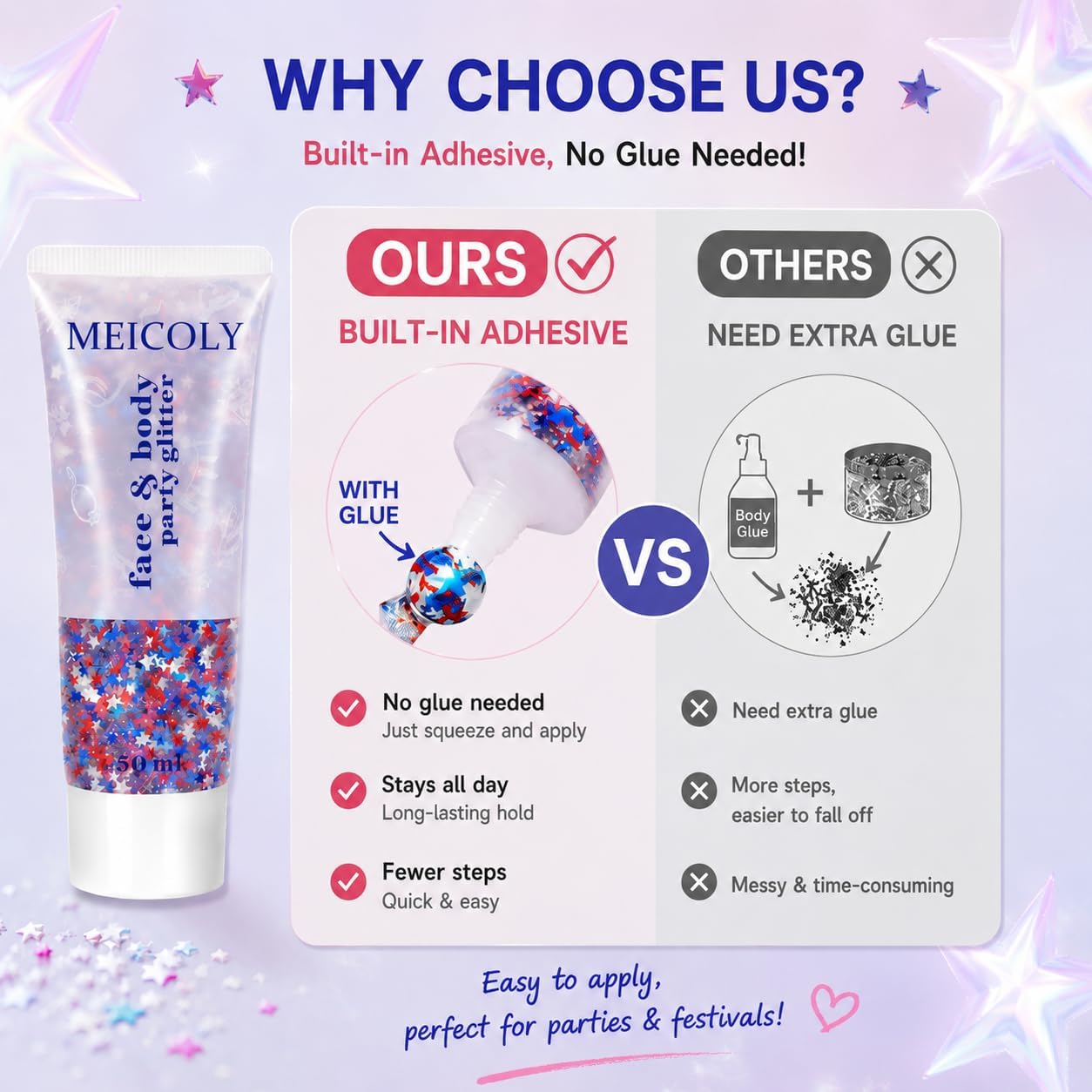Star Shaped Red White and Blue Body Glitter Gel - 50g Patriotic Face & Hair Glitter for 4th of July Outfits
