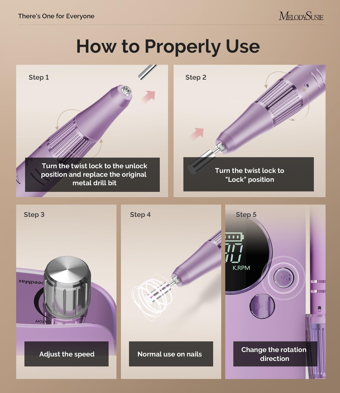 MelodySusie Entry-Level Clip-On Rechargeable Nail Drill, SC320F 30000RPM E-File with Pastel & Colorful Design for Manicure Shaping & Gel Removal, Ideal for Training, Nail Art Practice & Home Use