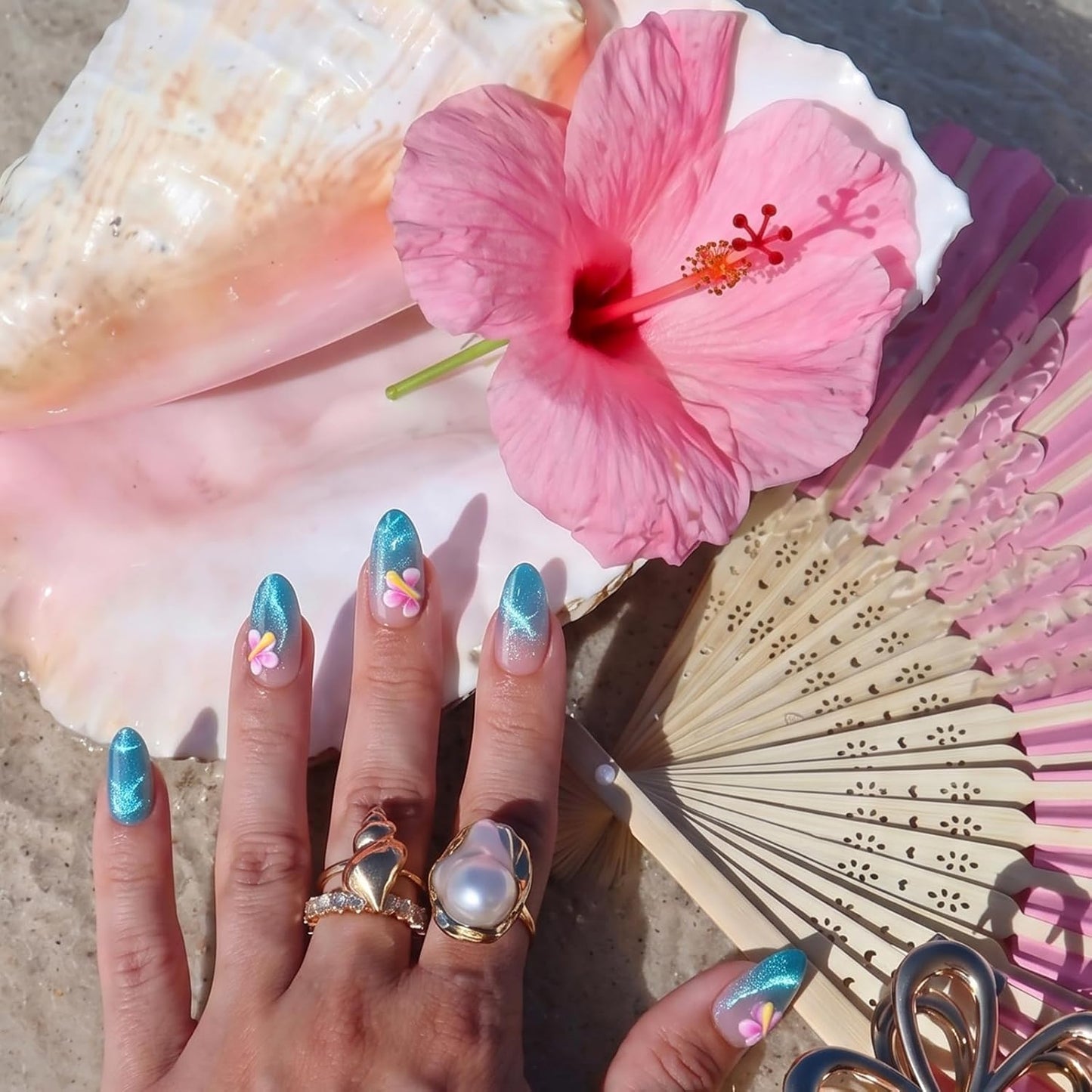 Press On Nails - Blue Holiday Cat Eye Almond with 3D Petals | Easy Application, 16 Sizes, 32 Nails Kit