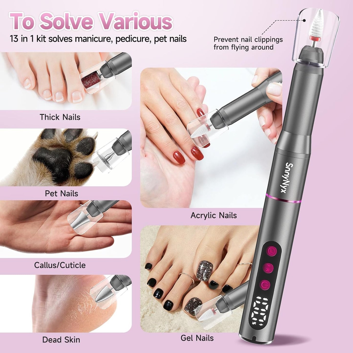 Cordless Electric Nail Drill - 35000 RPM Professional Nail File Kit with LCD Display | 12 Bits & 36 Sanding Bands for Acrylic Gel Nails & Pet Claws (Matte Gray)