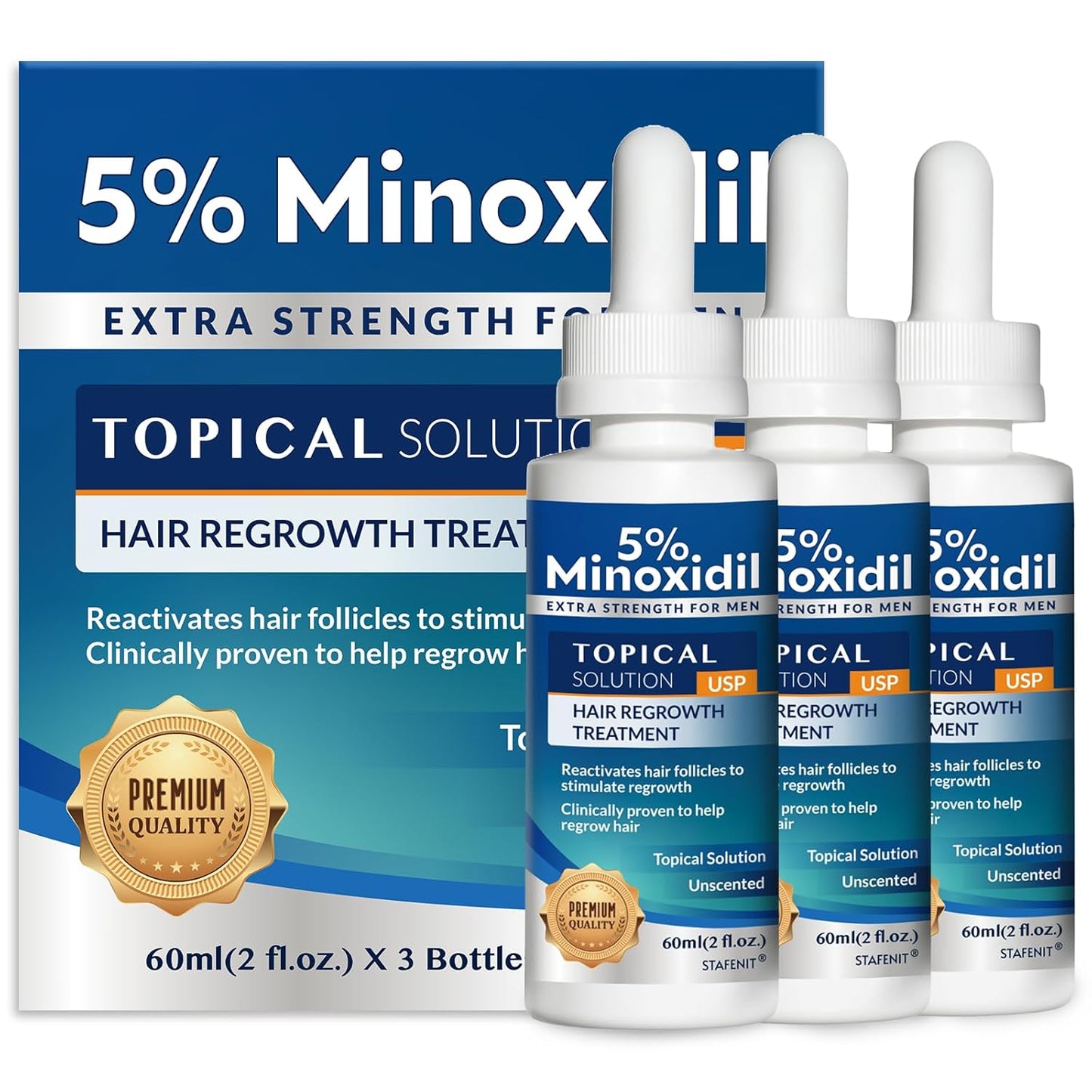 Minoxidil Hair Growth Serum - Extra Strength Beard Regrowth Treatment with Biotin | 60ml, 3 Bottles