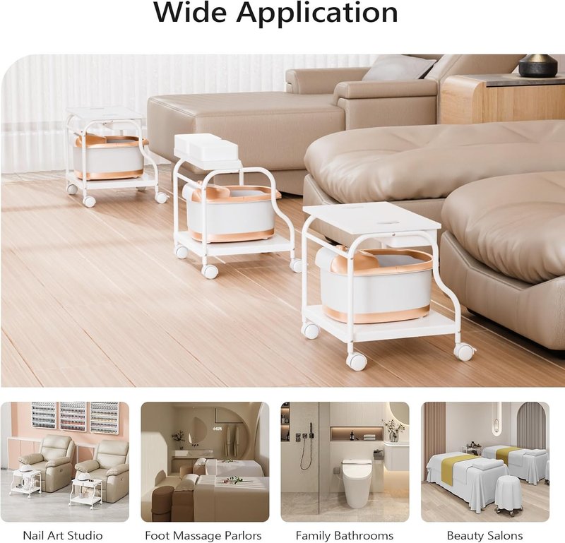Pedicure Cart - Portable Foot Bath Trolley with Adjustable Stool & Locking Wheels | White