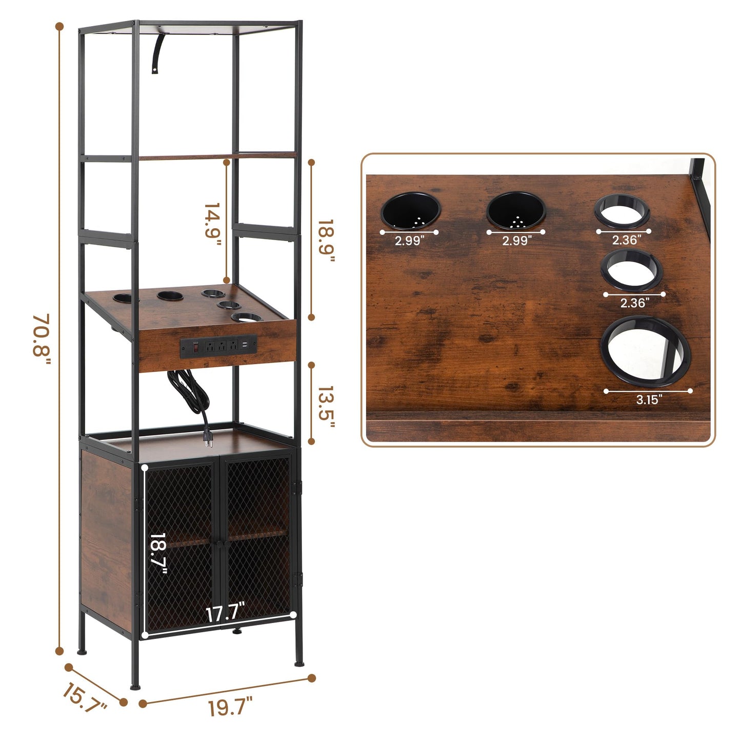 RESHABLE Industrial Salon Station for Hair Stylist, Salon Storage Cabinet with Dryer Hole, 7 Tool Holders, Power Outlets, Styling Equipment for Barber Bathroom, 70.8" H, Rustic Brown