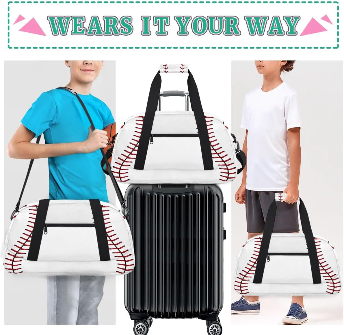 Kids Gym Bags - Waterproof Baseball Lace Sports Duffel Bag | Travel Overnight Weekender Tote for Boys