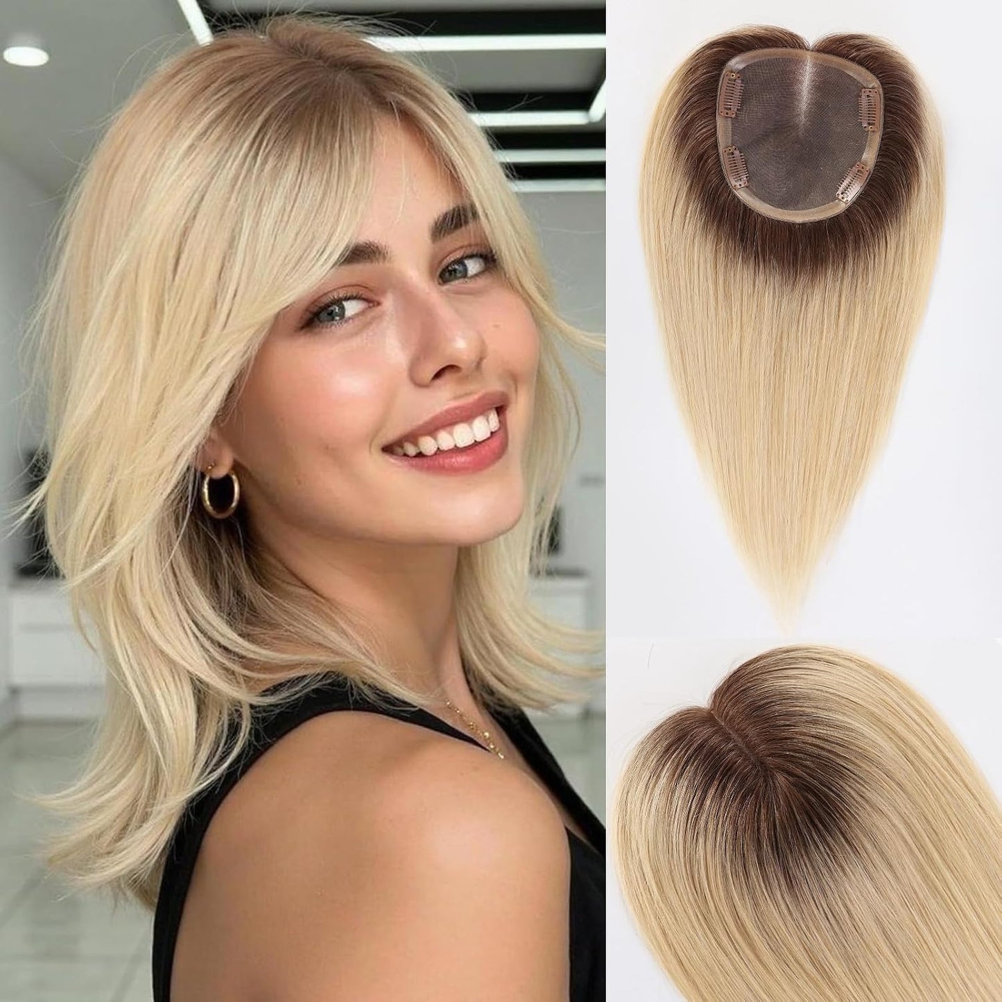 Real Human Hair Toppers for Women - 14-Inch Mixed Brown with Bangs | 6" x 5" Swiss Lace Base