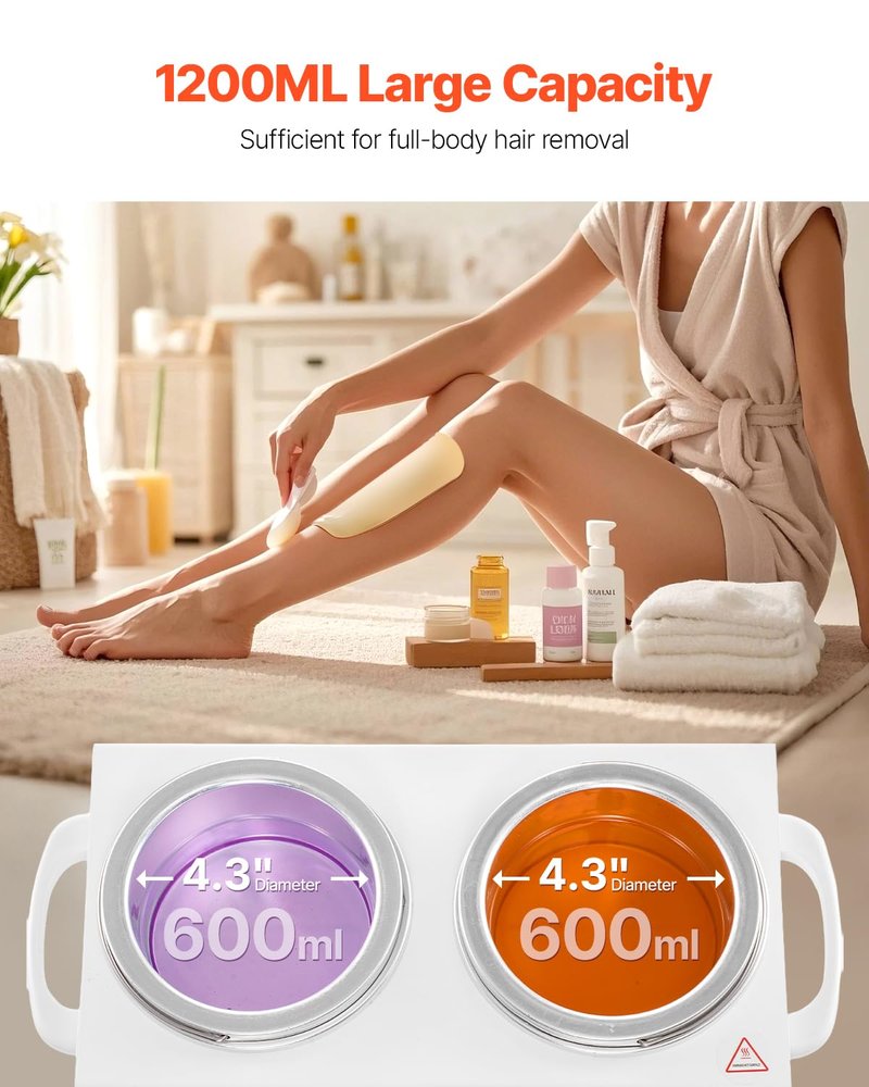 VEVOR Double Wax Warmer, 1200ML Professional Dual Wax Warmer for Hair Removal, 32 ℉ - 212℉ Adjustable Electric Waxing Heater Pot with 50PCS Waxing Sticks for Home Use, Beauty Salon, Spa