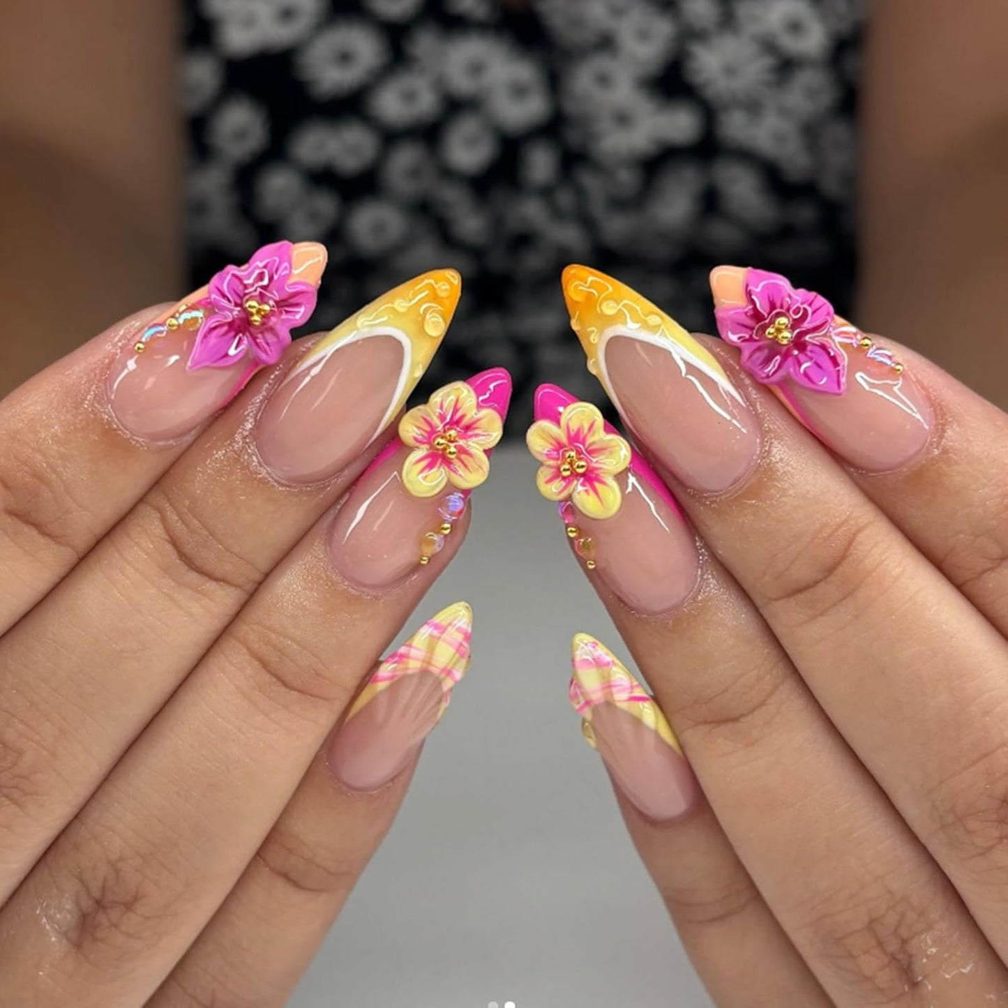 French Tip Press-On Nails - Medium Almond Shape with 3D Bow & Pearl Charms | 24 Pcs Spring Design