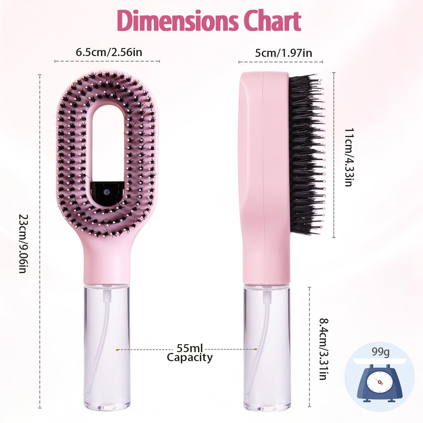 Hair Brush with Water Spray, 2-in-1 Detangling Tool for Frizz Control, Works on Wet & Dry Strands, Portable Mist Comb for Thick, Curly & Fine Textures(2pcs pink)