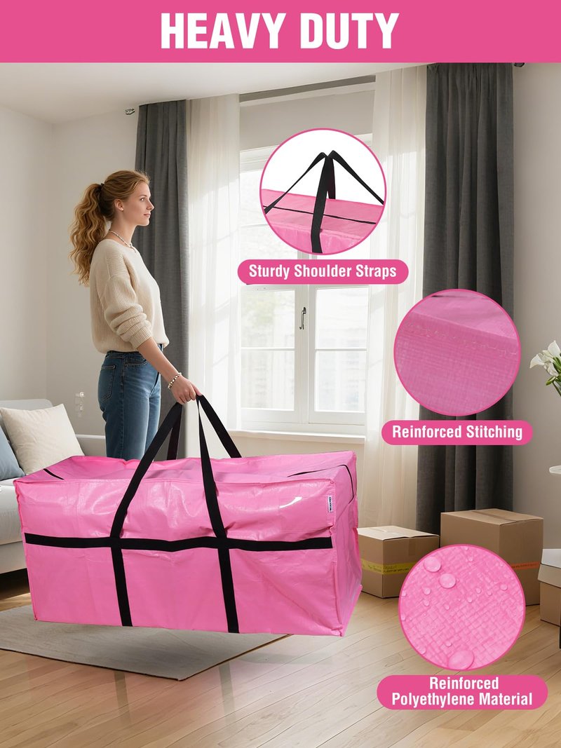 WORKPRO 1-Pack 66 Gallon Extra Large Moving Bags with Zippers & Carry Handles, Heavy-Duty Storage Totes, 45" x 16" x 22", Holds Up to 110 lbs, for Moving, Dorm Move-In & Storage Organization, Pink