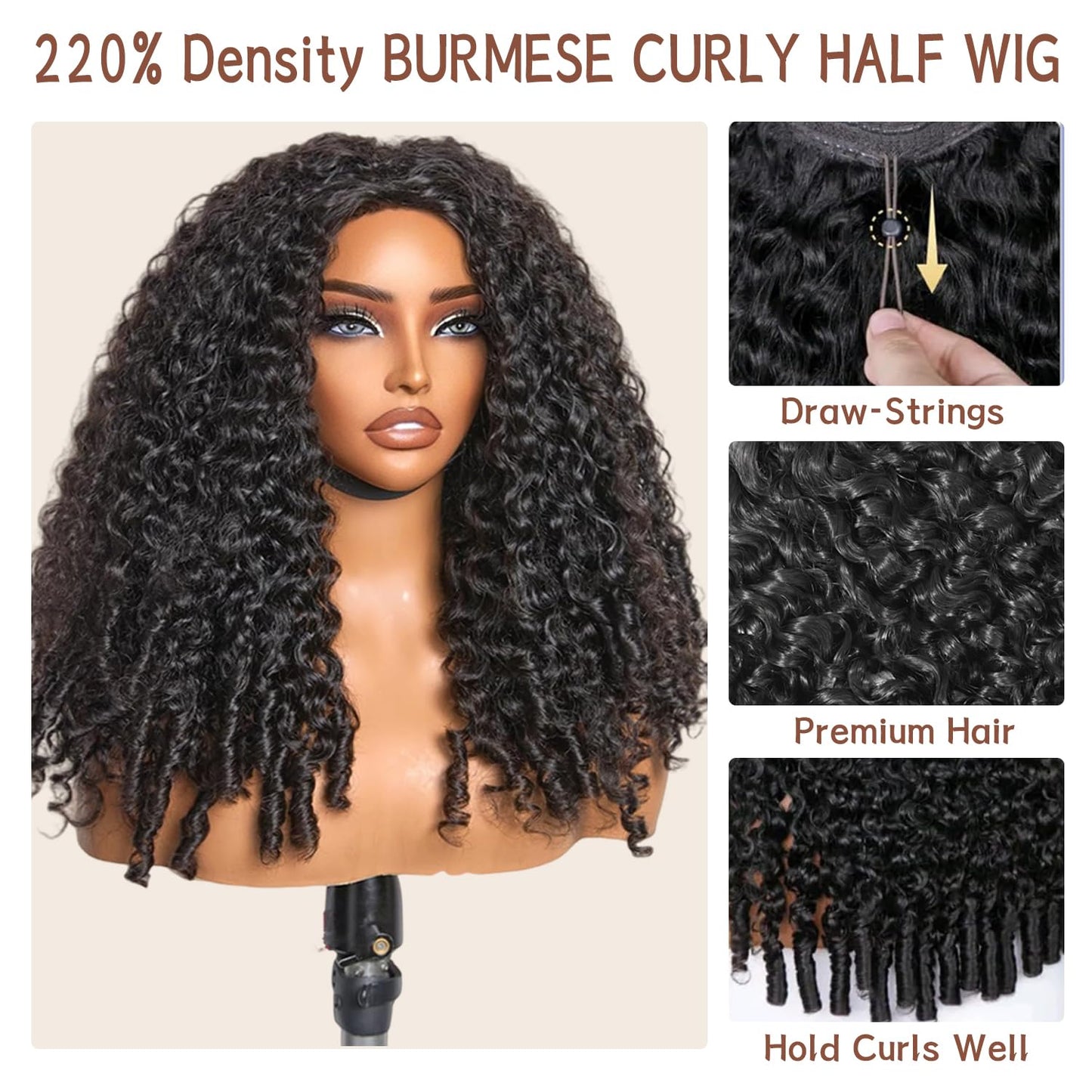 Burmese Curly Half Wig - 220% Density 100% Real Human Hair | Glueless 3-in-1 Headband Wig, 16 Inch