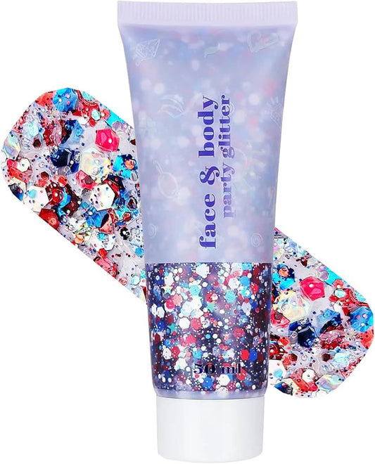Body Glitter for 4th of July - Red, White & Blue USA Flag Face Makeup | Holographic Chunky Sequins for Women & Kids