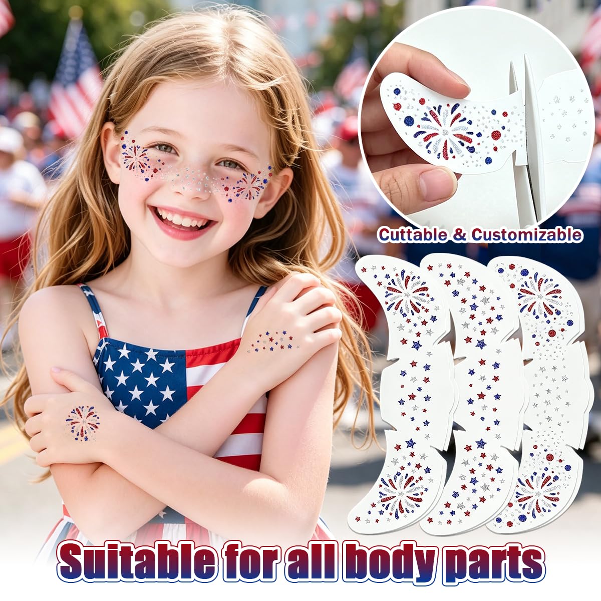 Mysense Waterproof 4th of July Temporary Tattoos - Red, White & Blue Glitter Face Stickers | Easy Application, 6 Sheets