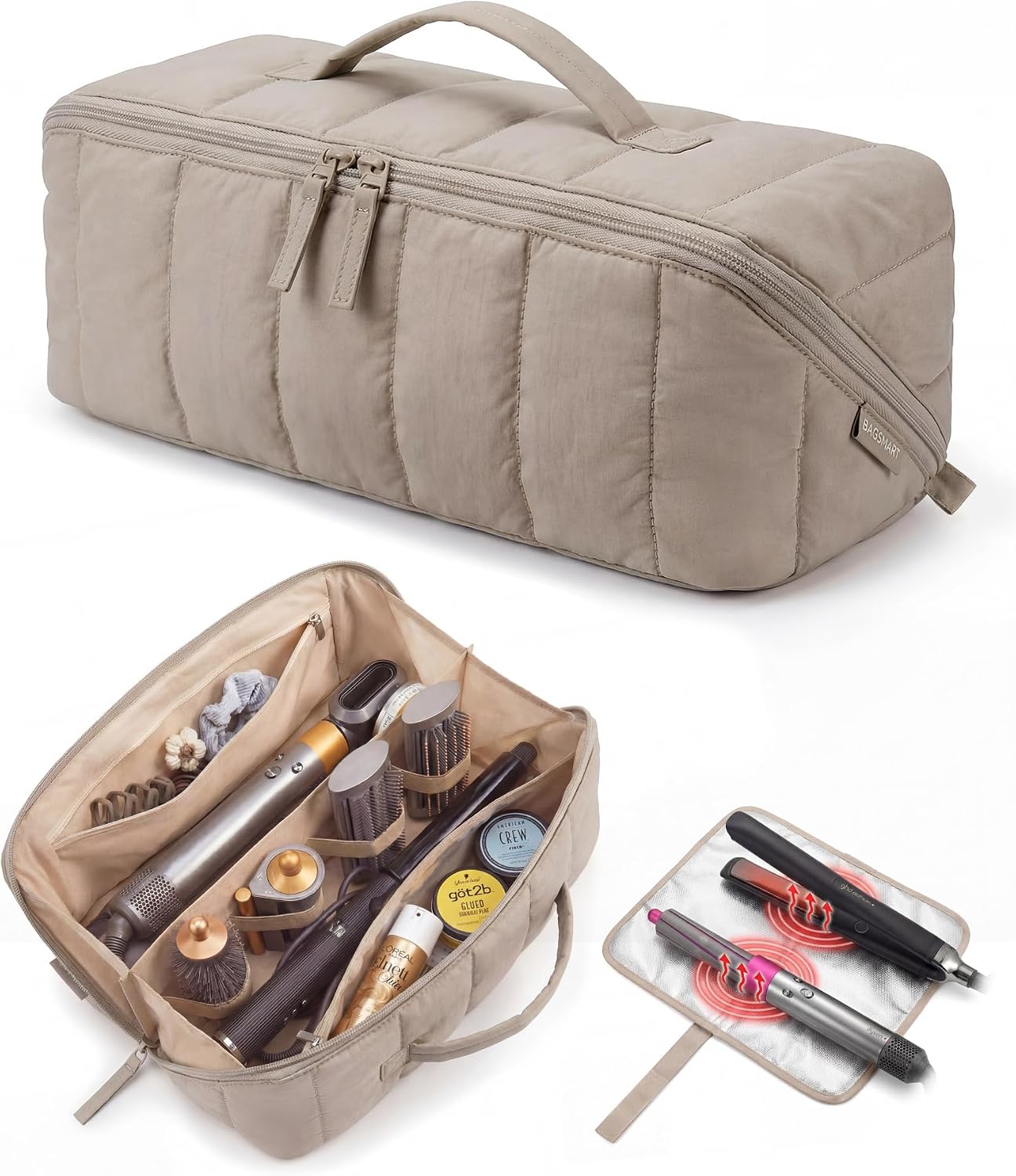 Hair Tool Organizer Travel Bag - Compatible with Dyson Airwrap & Shark Hair Dryer | Heat Resistant Mat, Black