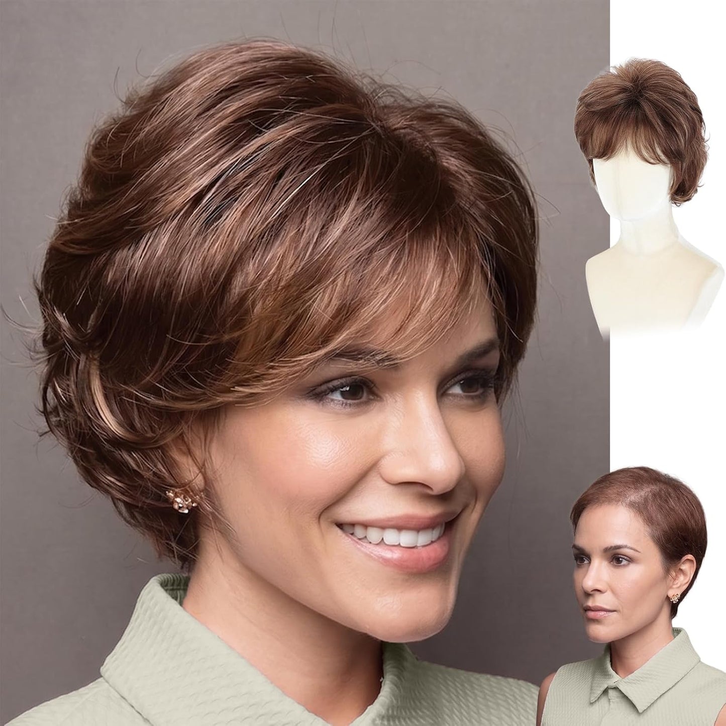 Short Pixie Wig for Women | Curly Ash Blonde with Dark Roots - Heat-Resistant Synthetic Wig with Bangs, Lightweight Cap