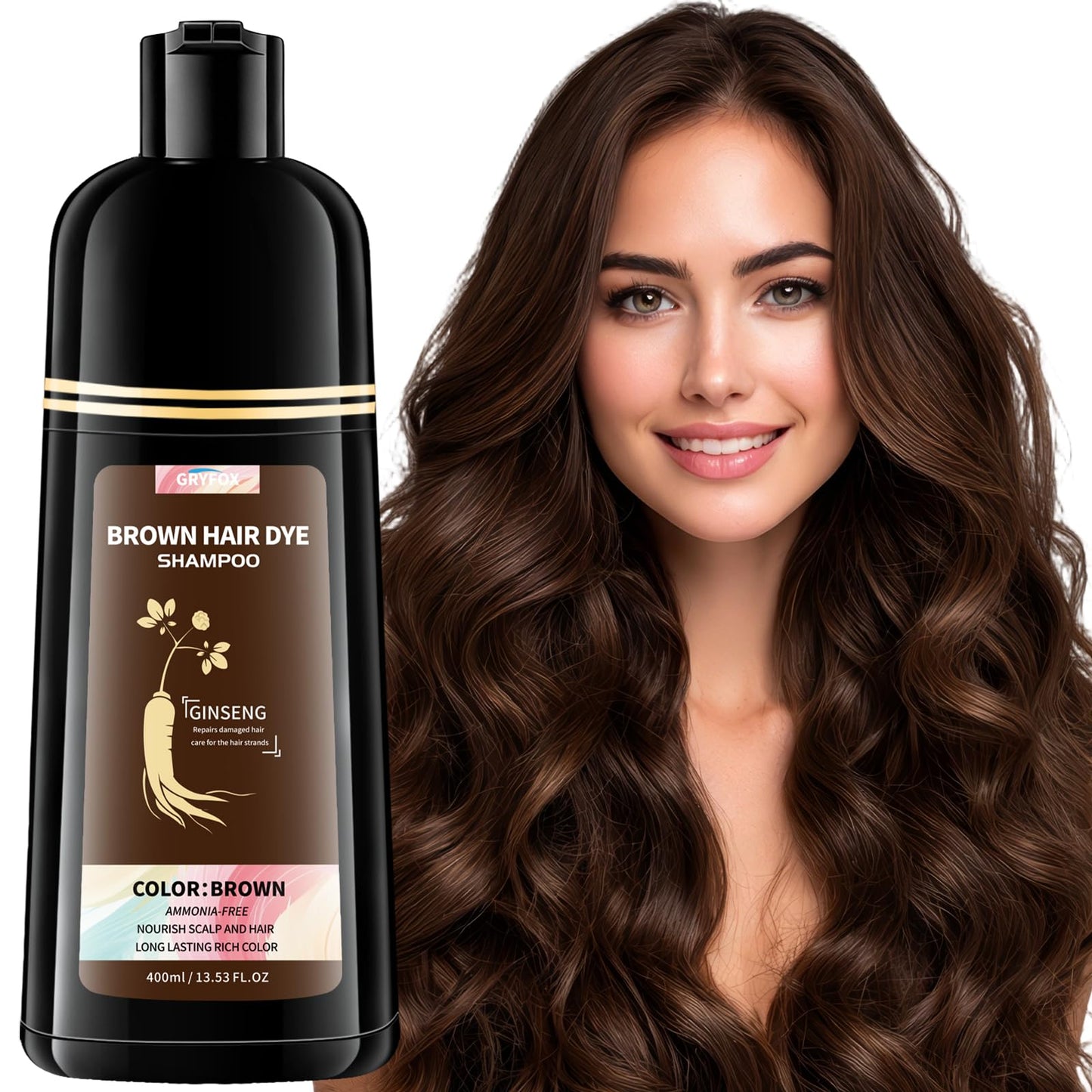 GRYFOX Brown Hair Dye Shampoo for Gray Coverage, 3 in 1 Hair Color Shampoo for Women and Men,Semi-Permanent Color with Natural Herbal Ingredients