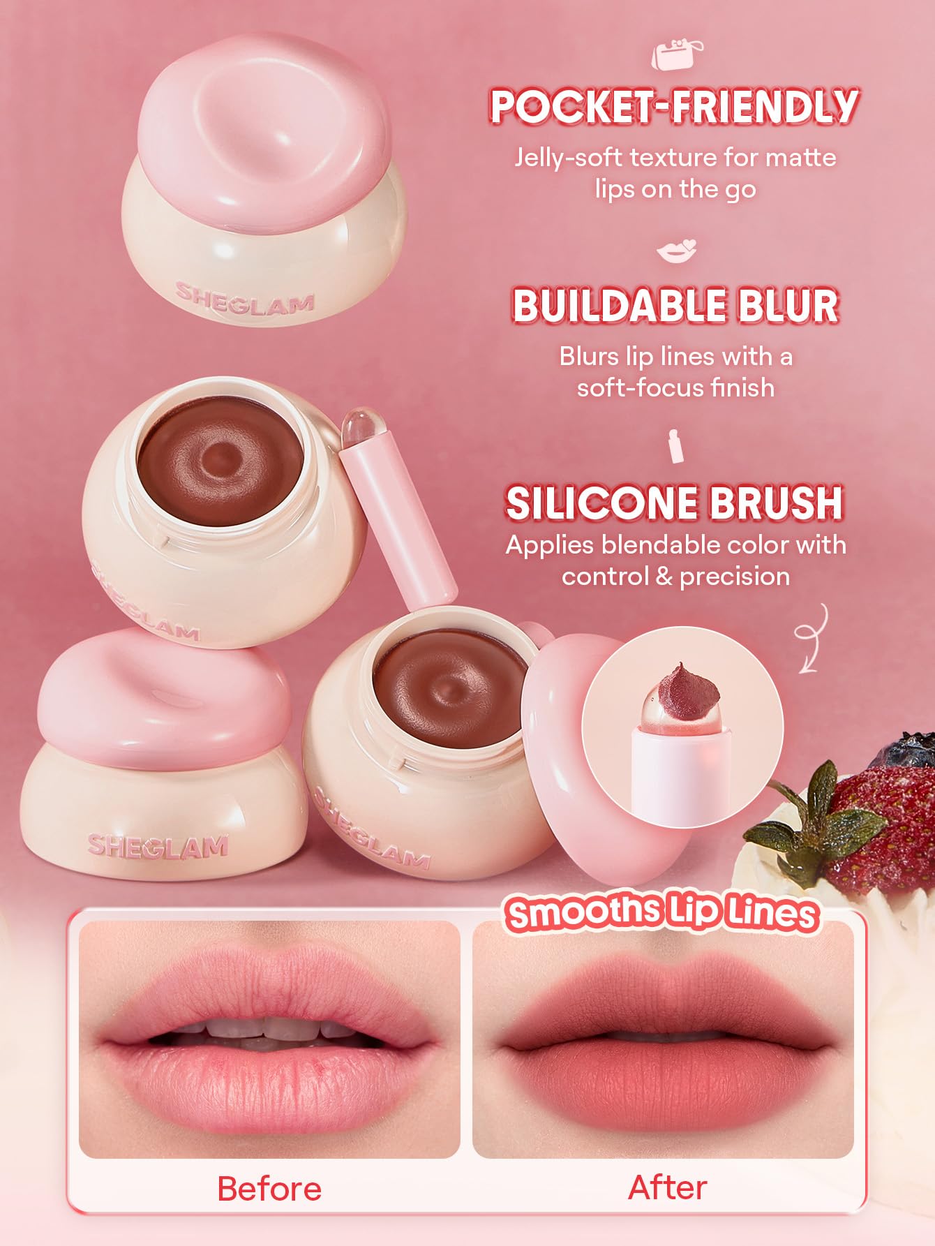 SHEGLAM Bounce Putty Pocket Lip Pot velvet Matte Lip Gloss Soft High Pigment Color Lip Stain with Brush-Cocoa Crush
