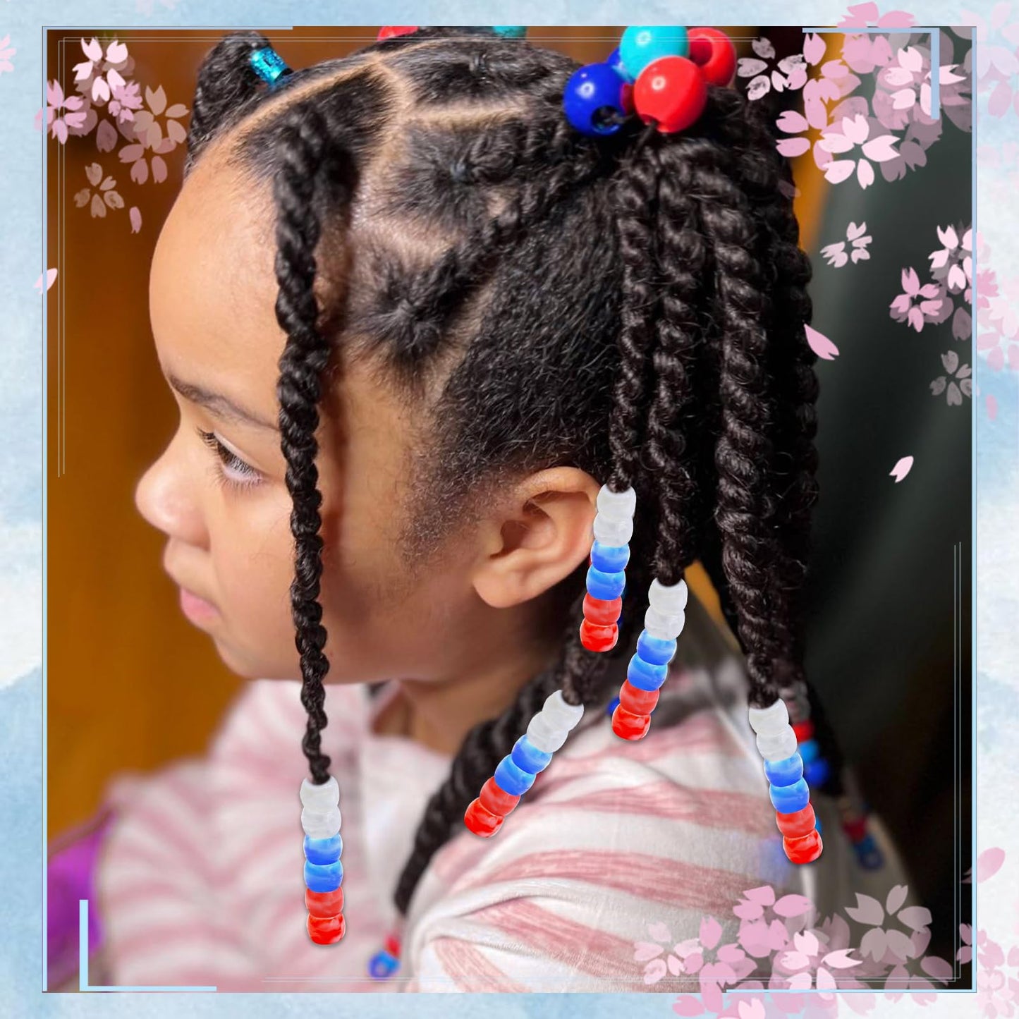 NAISKA 90Pcs Red Blue White Hair Beads for Kids Girls Cheer Hair Beads for Braids Cute Beads for Kids Hair Acrylic Gradient Dreadlock Beads Small Pony Beads Loc Beads Jewelry Accessories