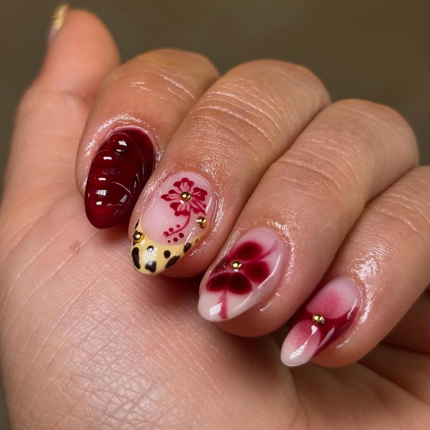 Leopard Print Press-On Nails - 30 Pcs Medium Almond Acrylic with Heart Pearl Bow & Rhinestones | Romantic Valentine’s French Tip Design