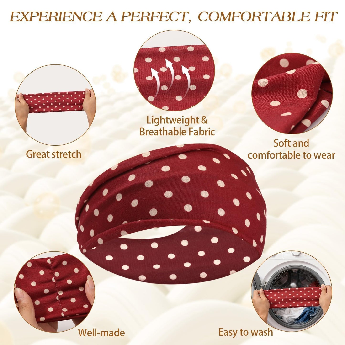 Tiefebene 6 Pack Polka Dot Headband for Women - Non Slip Elastic Floral Hairbands, Soft Fabric Hair Bands for Yoga Workouts, Breathable Head Bands for Hairstyles & Outfits