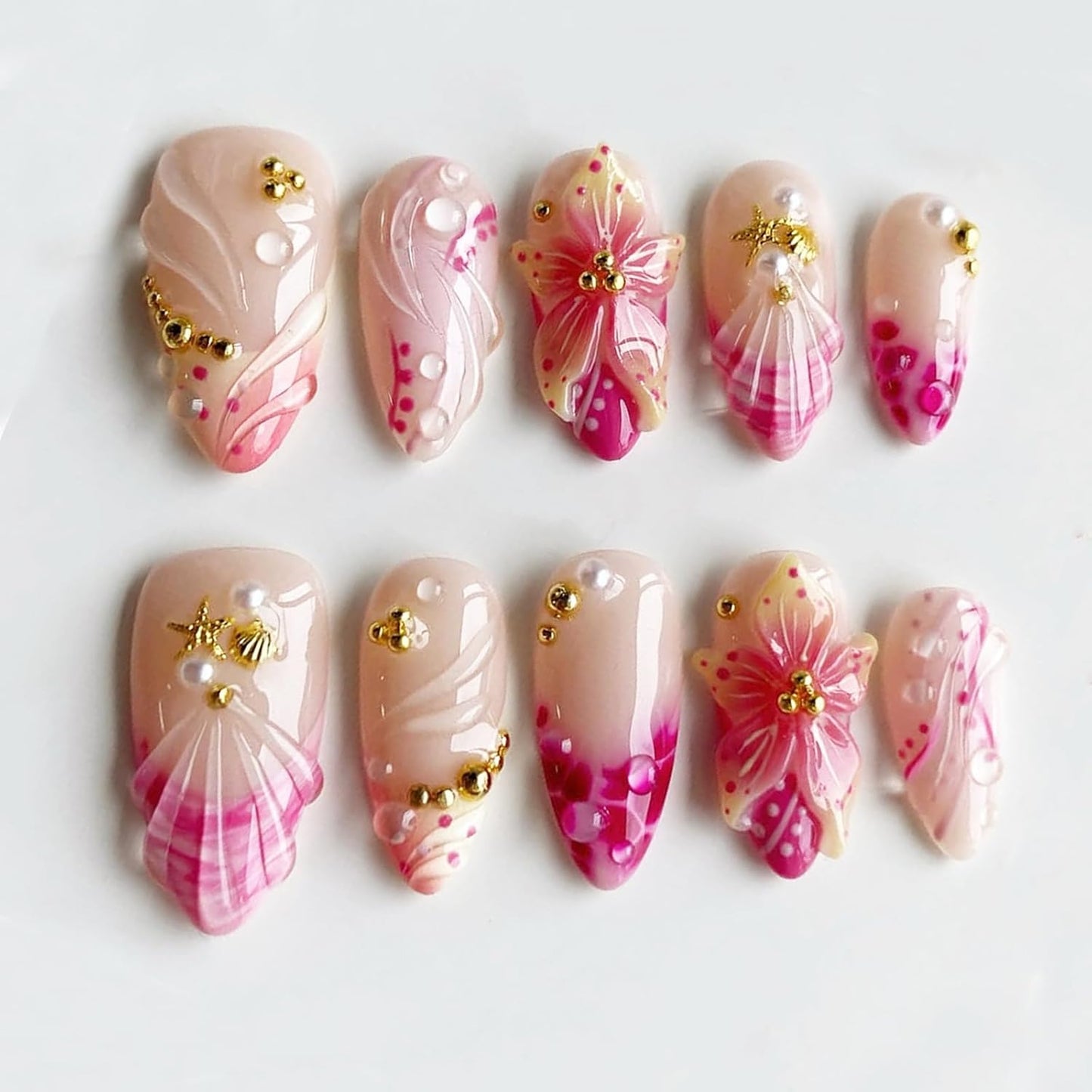 French Tip Press On Nails - Short Almond 3D Pearl & Starfish Design | Blue White Acrylic Full Cover for DIY Manicure