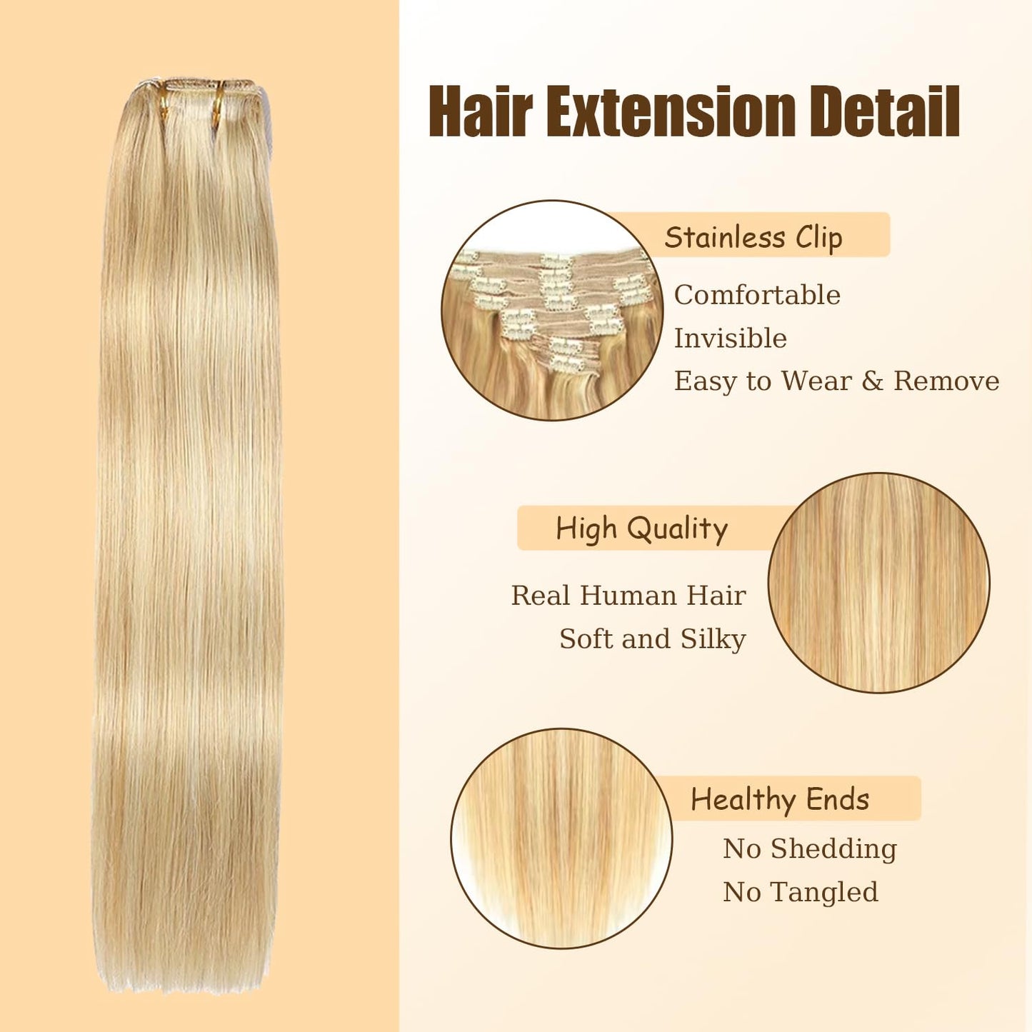 P27613 Blonde Clip in Hair Extensions Real Human Hair, 14 Inch 120g/7Pcs,Full Shine Remy Human Hair,Honey Blonde Straight Clip ins Brazilian Virgin Human Hair Extensions