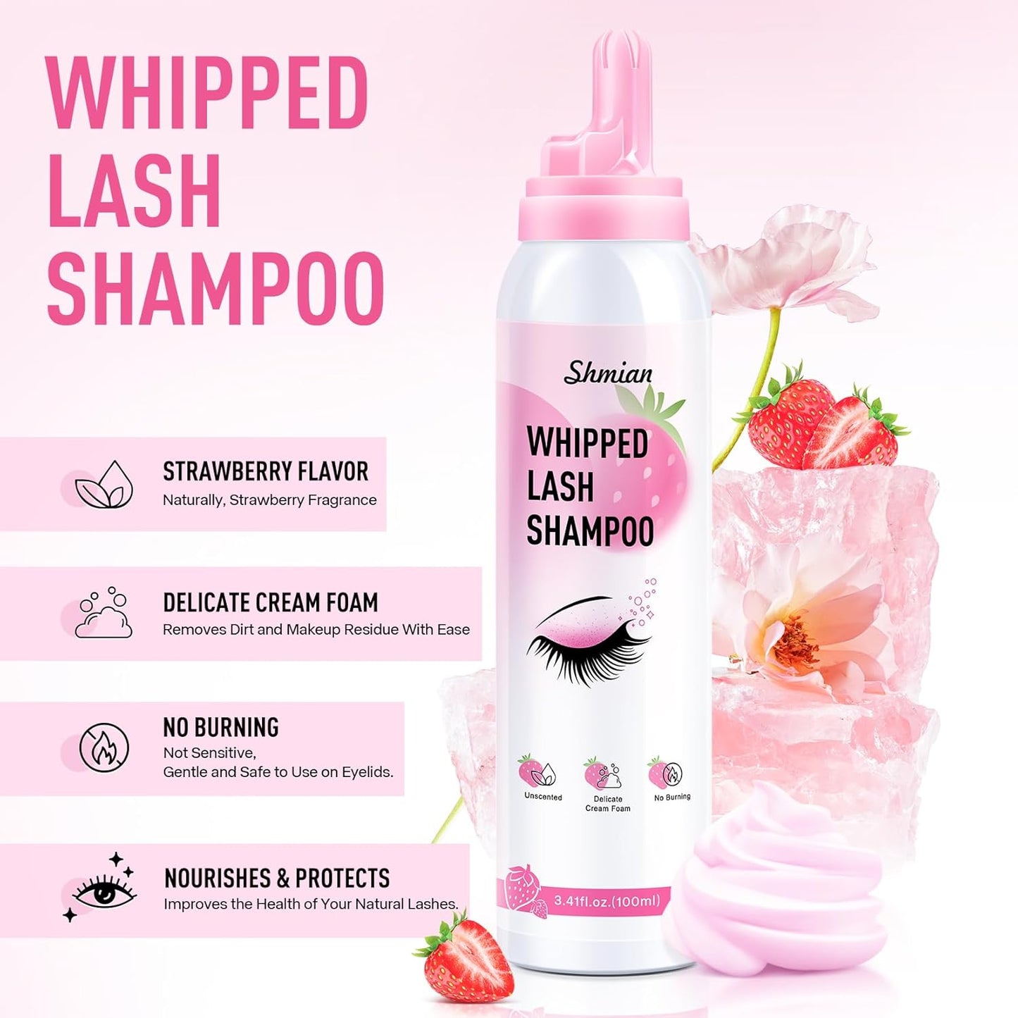 Whipped Lash Extension Cream Shampoo - 3X Concentrated Eyelash Cleaner Foam | 3.41 fl. oz | Strawberry Scent