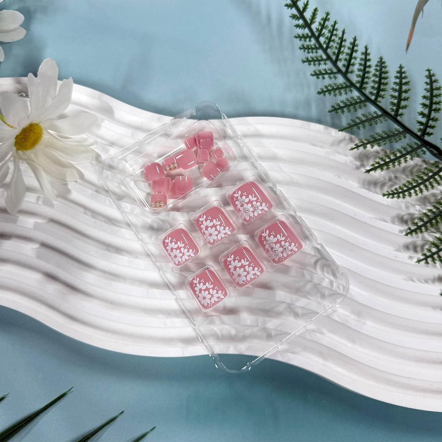 Floral Press-On Toenails - Short Square Acrylic Toe Nail Tips with 3D Flower Designs | 24 Pcs Glossy Pink Reusable