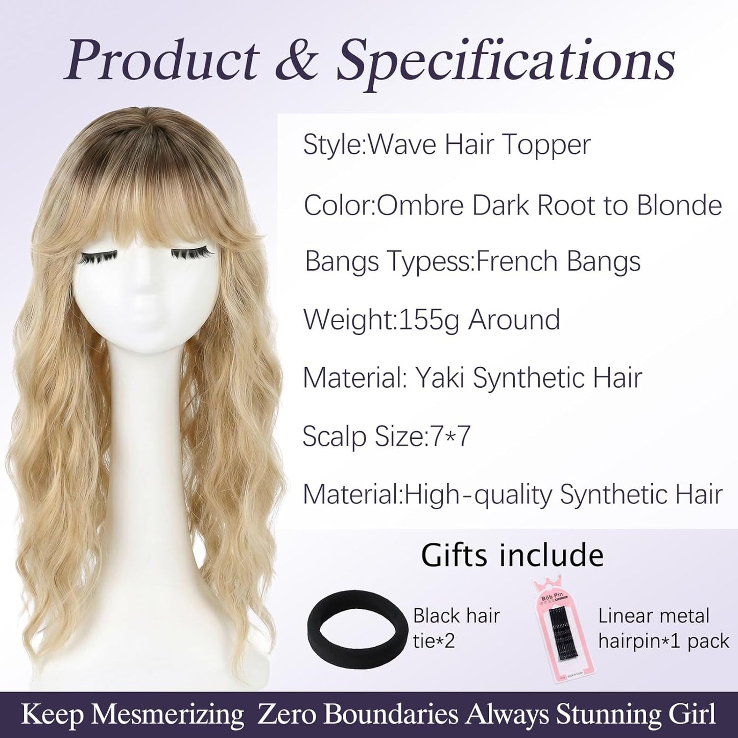 360 3D Hair Toppers for Women - Big Base Clip-In Hair Pieces, 20-Inch Long Wavy Style with French Bangs | 7x7 Inches Synthetic Fiber
