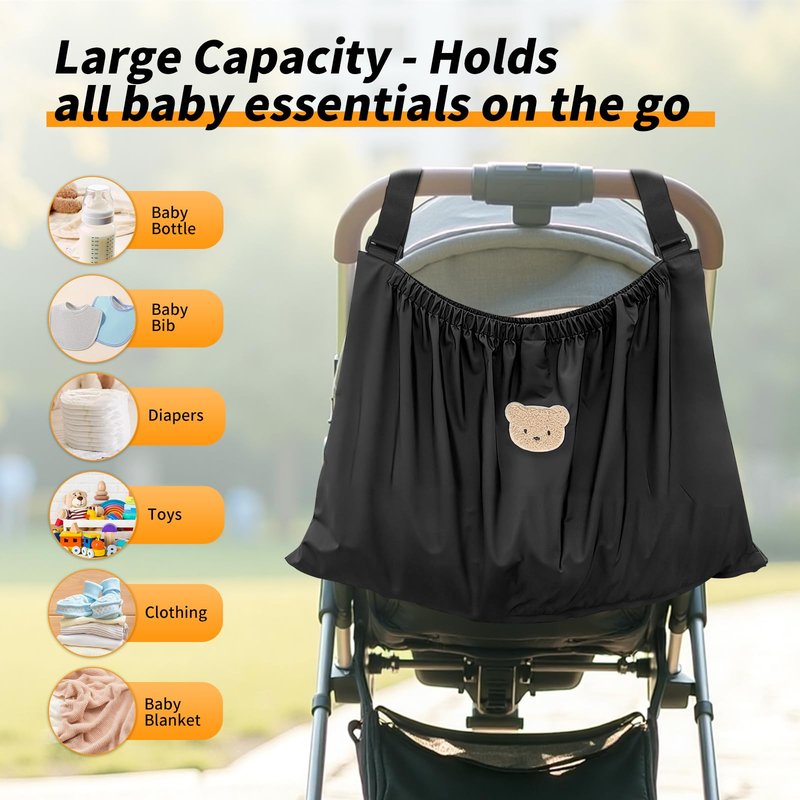 Universal Stroller Organizer, Nylon Stroller Storage Bag for Baby Essentials, Large Capacity Stroller Organizer Bag with Hook & Loop, Cargo Bag for Umbrella & Pet Stroller Accessories (Black Bear)