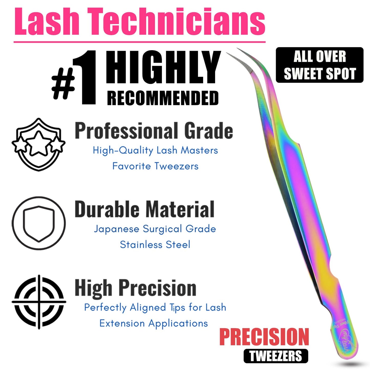 My Lash Tools Lash Tweezers For Eyelash Extensions Precision Fiber Tip Tweezers For Lash Extensions Mega Volume Lash Tweezer | Professional Stainless Steel Lashing Tweezers (Dot Grip Rainbow)
