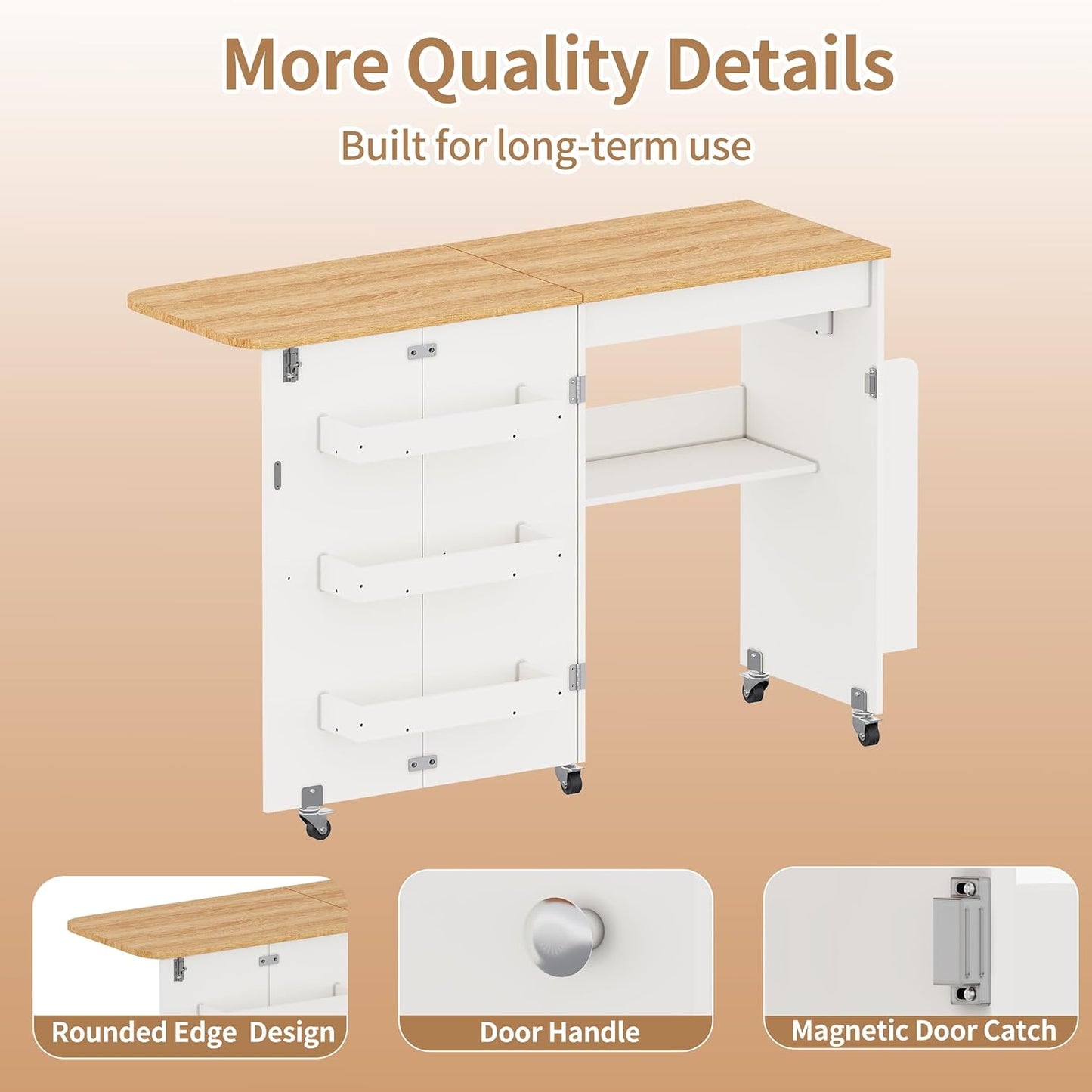 Sewing Table with Storage - Folding Design with Charging Station & Lockable Casters | White